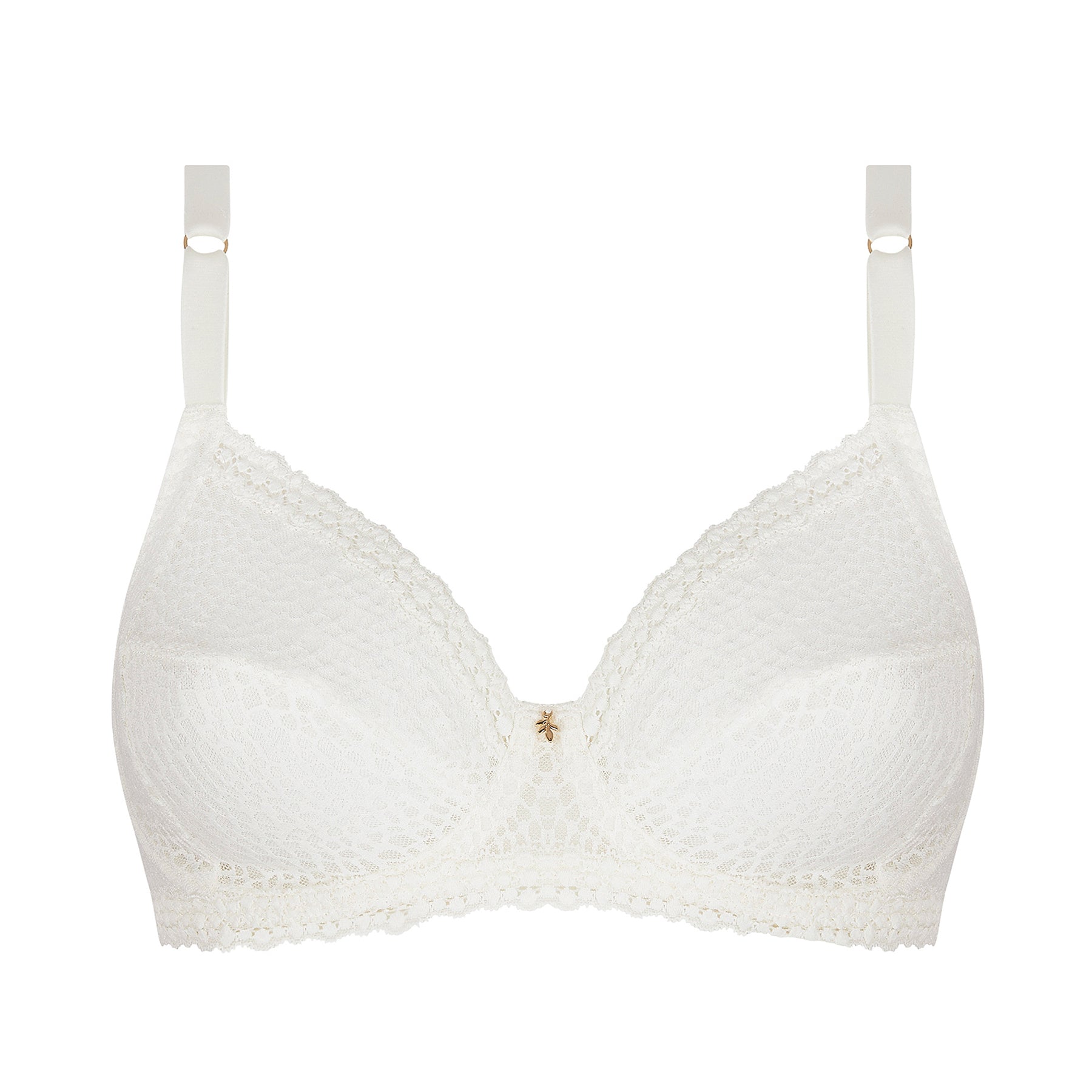 Front view of ivory lace wireless bra with soft cups, scalloped edges, and gold charm detail