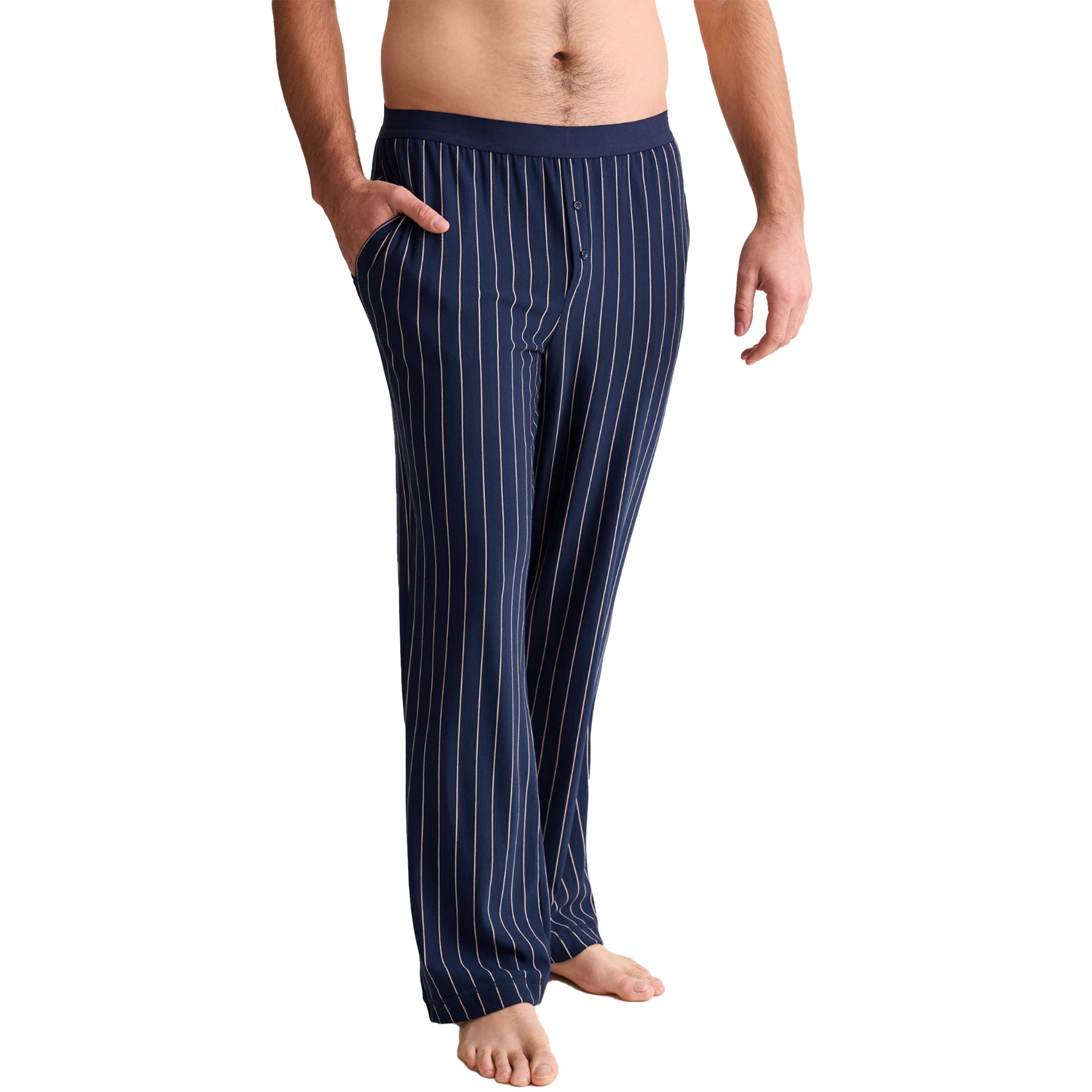 Front angle view of men’s ink and praline stripe PJ pants with elastic waistband and side pockets.