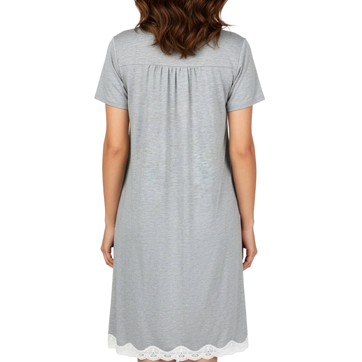 Antigel grey short sleeve nightie with softly gathered back detail and white lace-trimmed hem, back view.