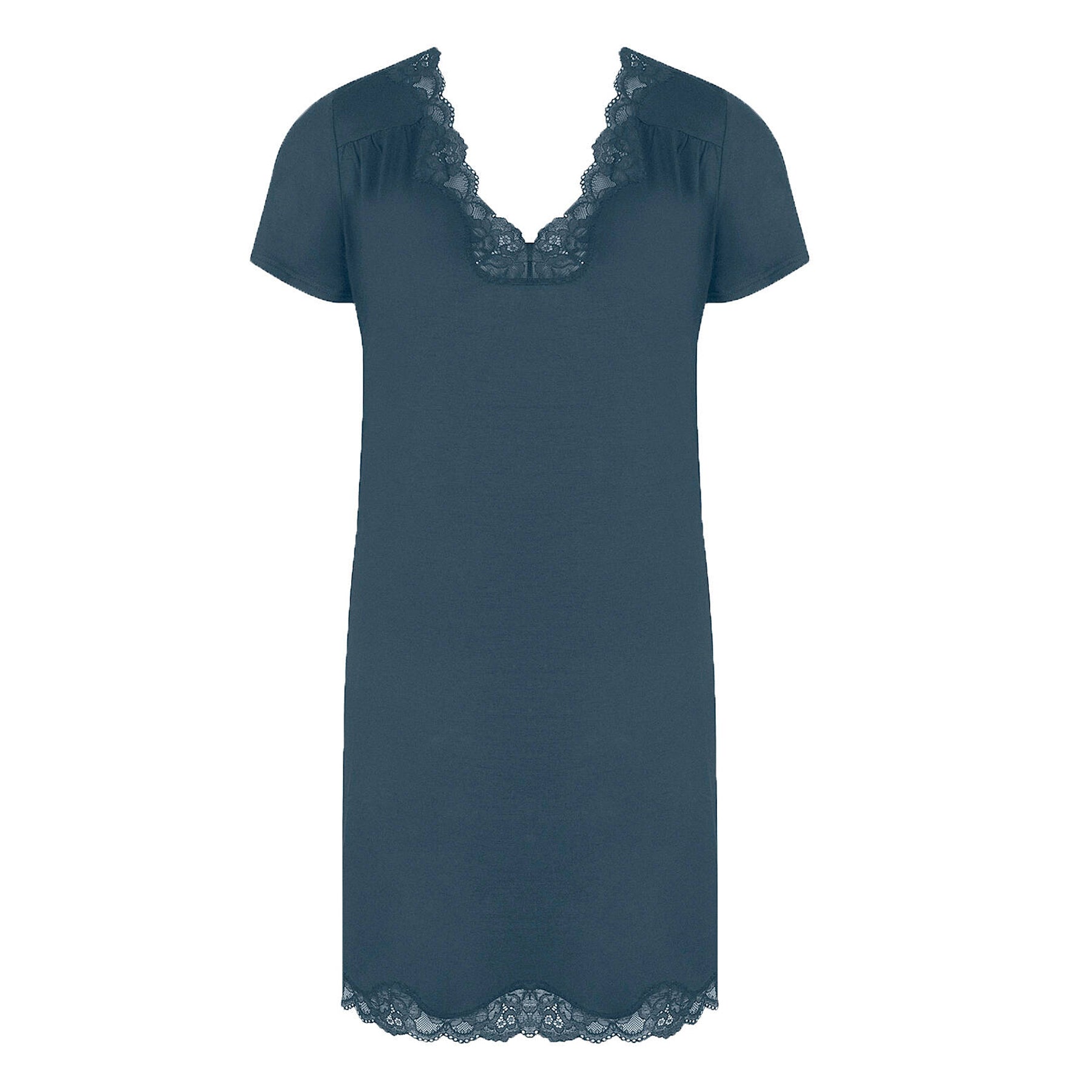 Front view of a dark teal short-sleeve nightgown featuring lace trim at the neckline and hem.