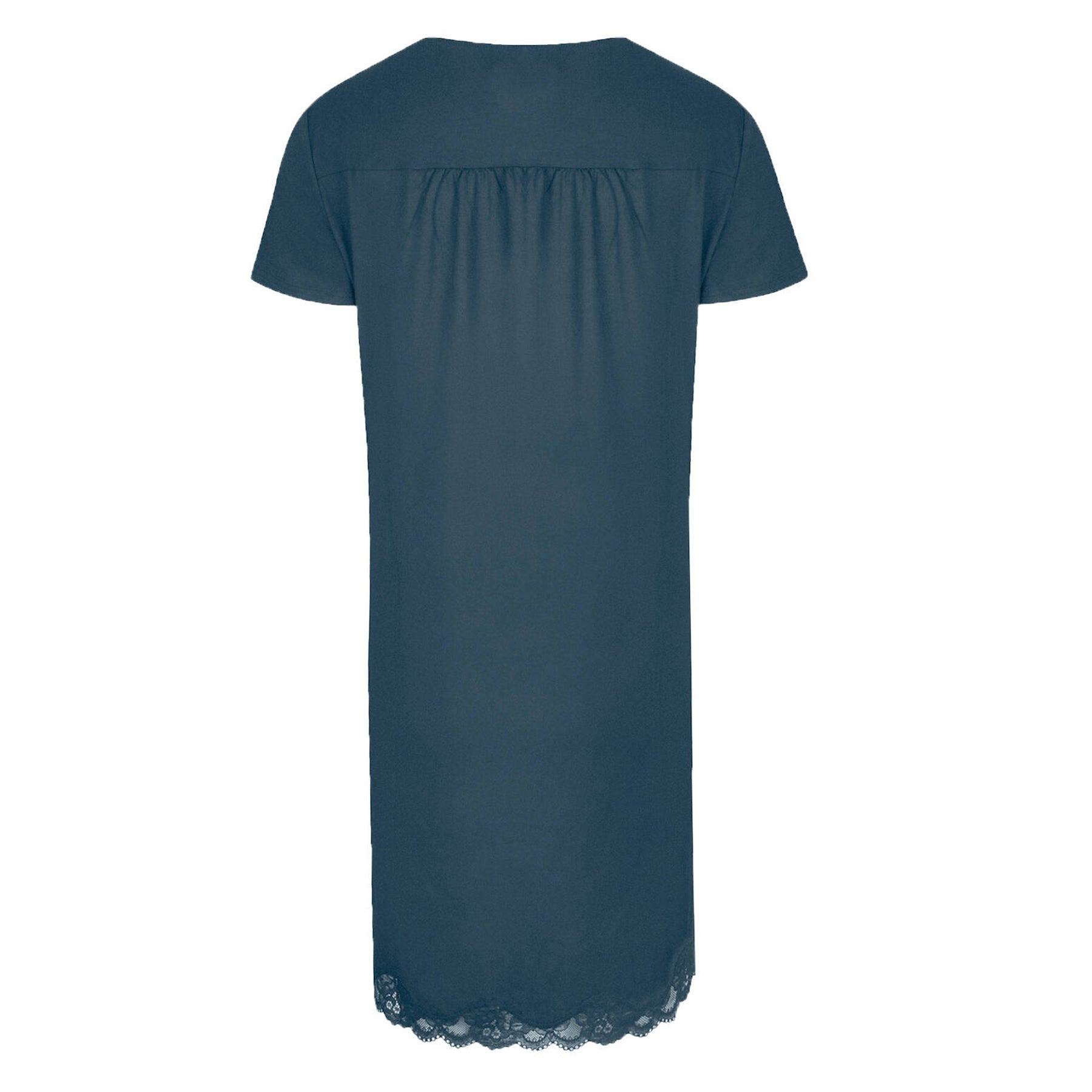 Back view of a dark teal short-sleeve nightgown with a softly gathered back and lace-trimmed hem.