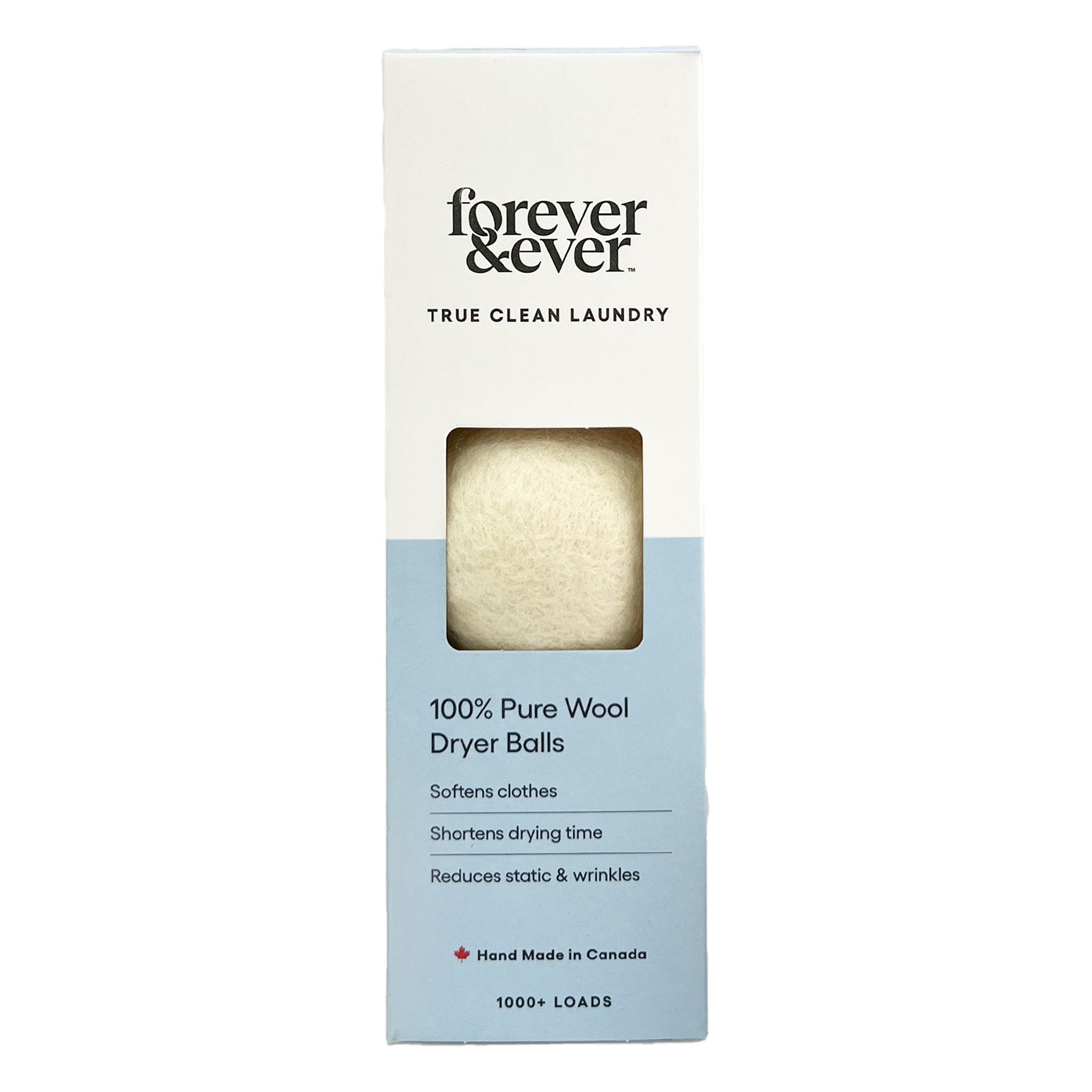 Front view of Forever & Ever True Clean Laundry 100% pure wool dryer balls in white box with blue label, handmade in Canada.