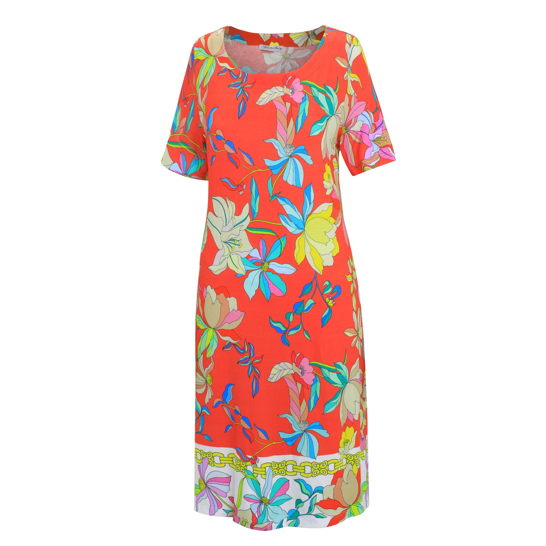 Vibrant red floral dress by Furstenberg with colourful tropical flower design.