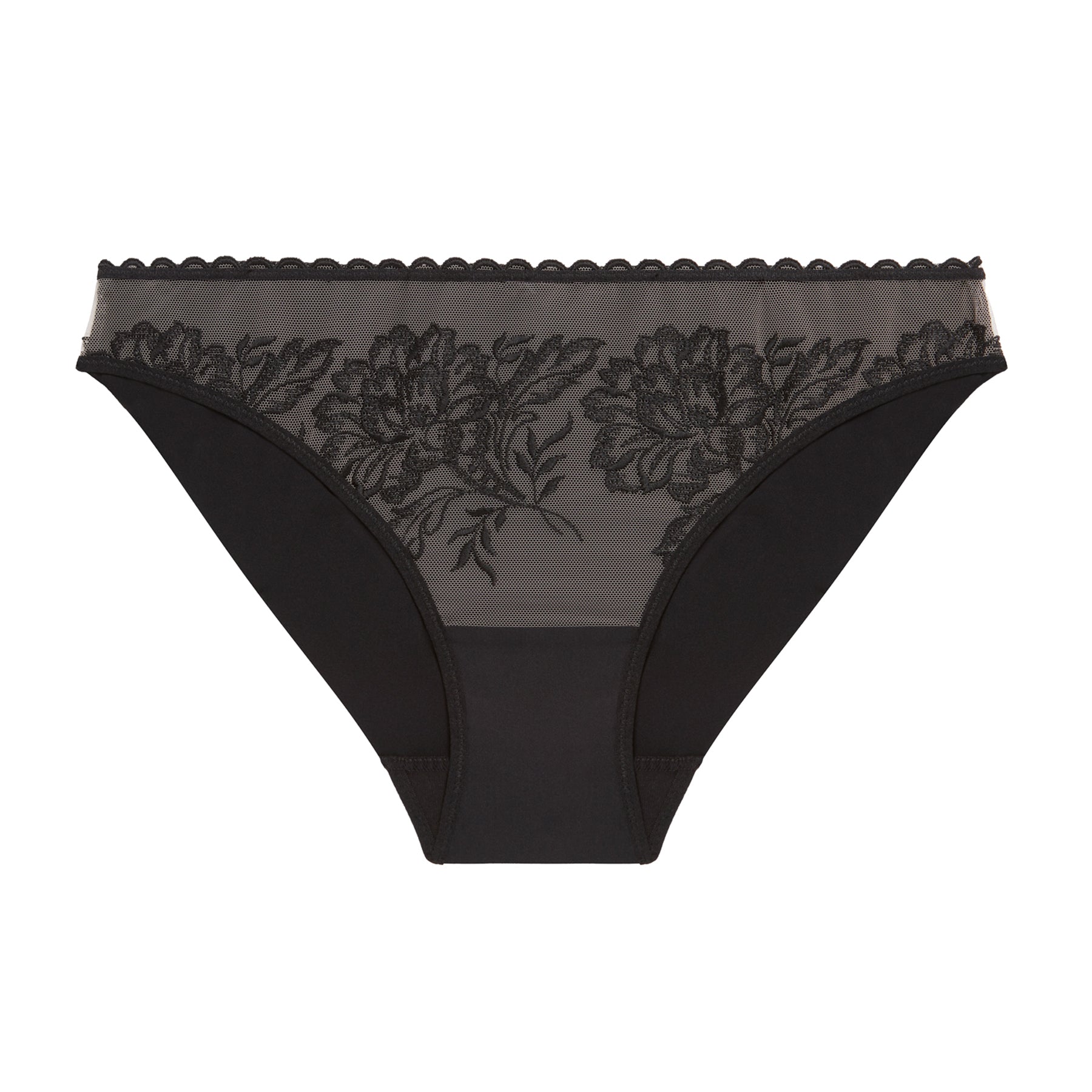 Flat lay of black bikini with sheer mesh front panel and floral embroidery.