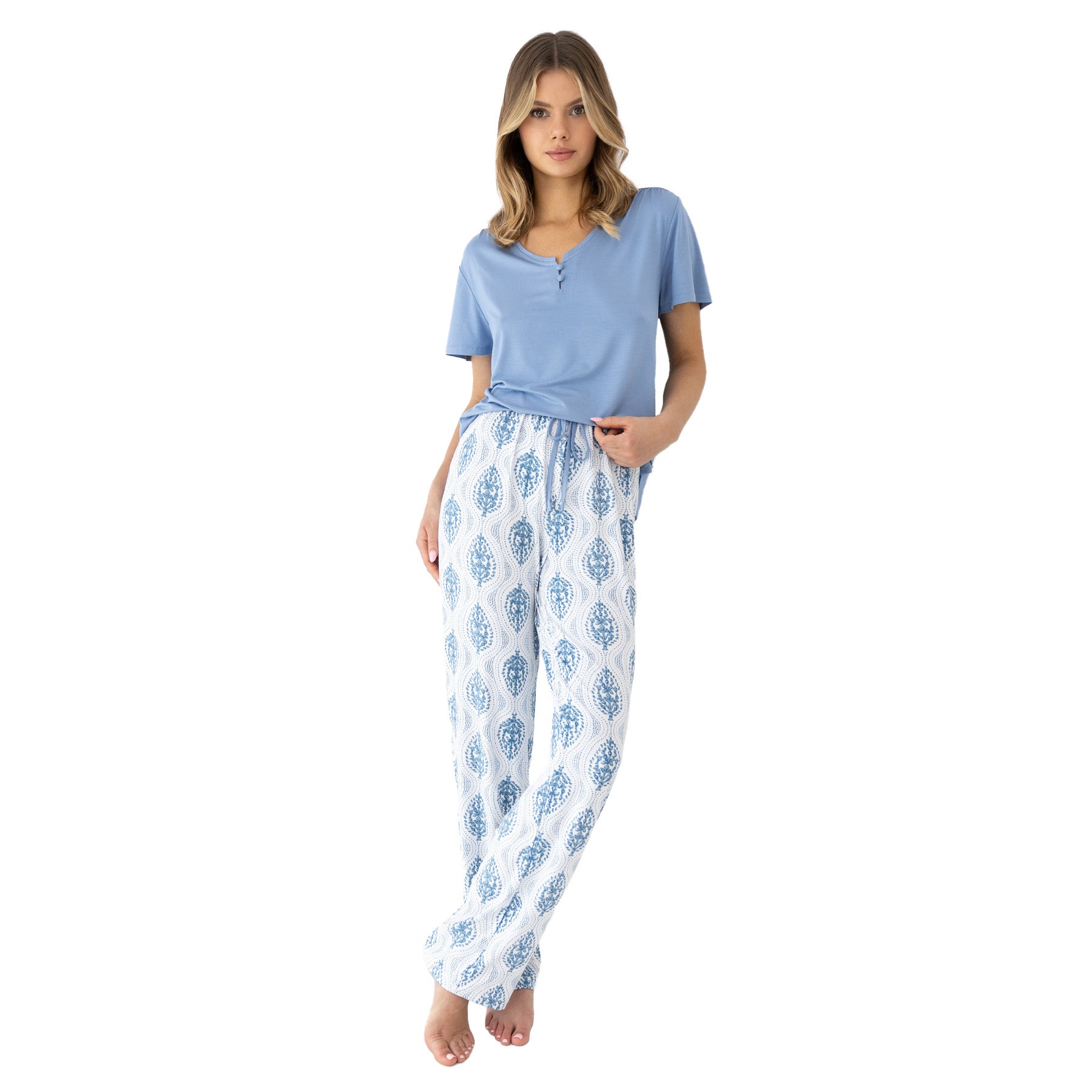Women’s two-piece sleep set with sky blue top and airy printed pants, comfortable elastic waist and flowy silhouette