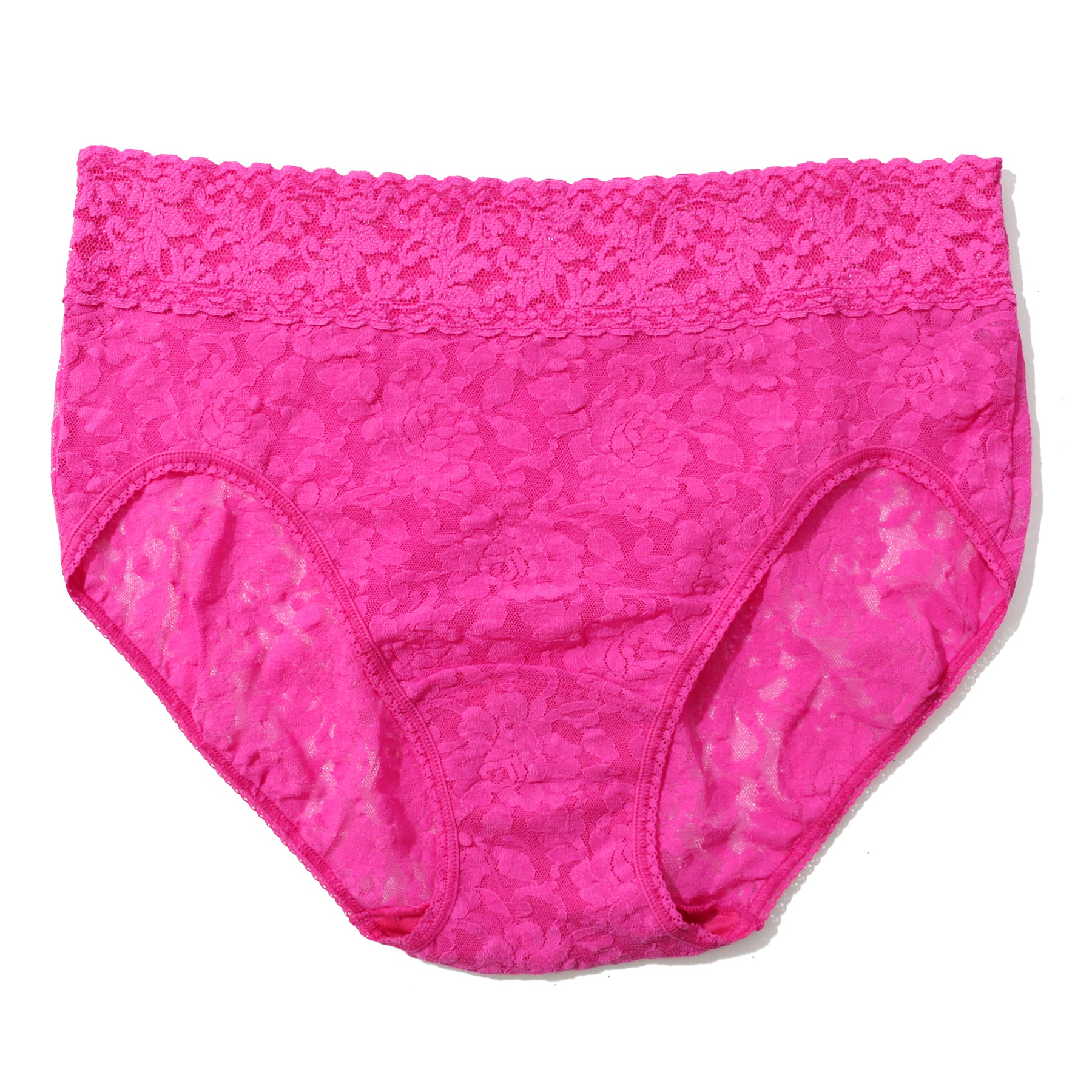 Flat lay of Hanky Panky full lace French brief in bright pink Marmalade colour