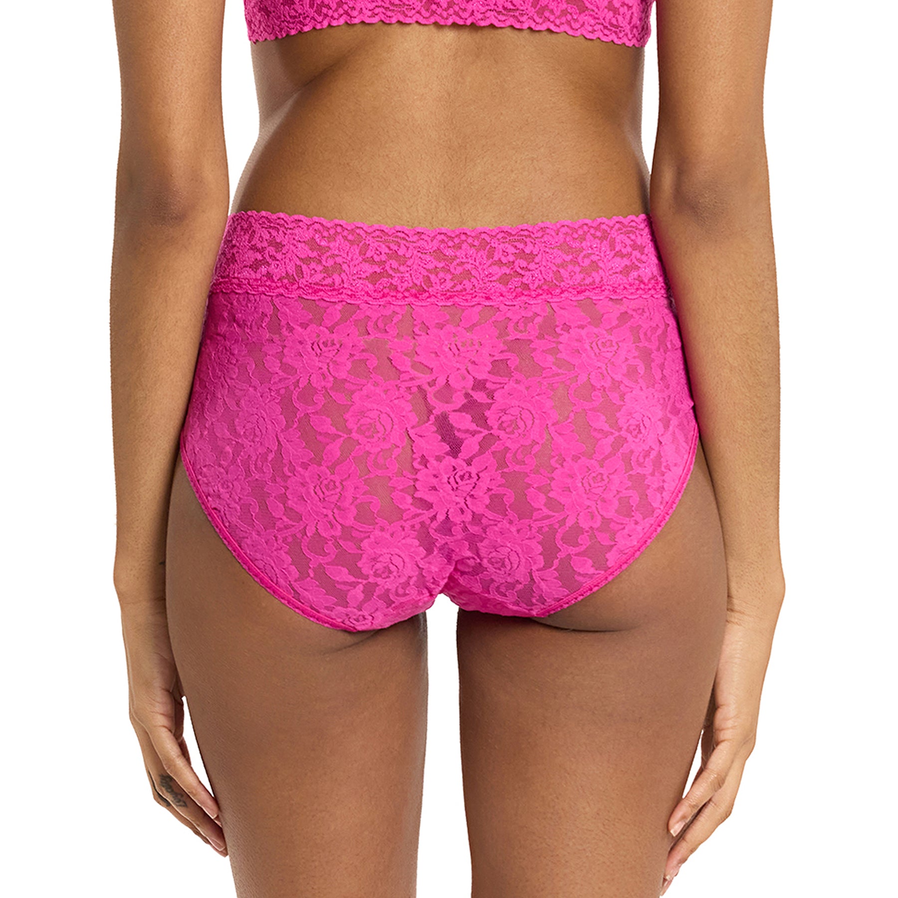 Back view of Marmalade pink lace French brief on model showing full coverage