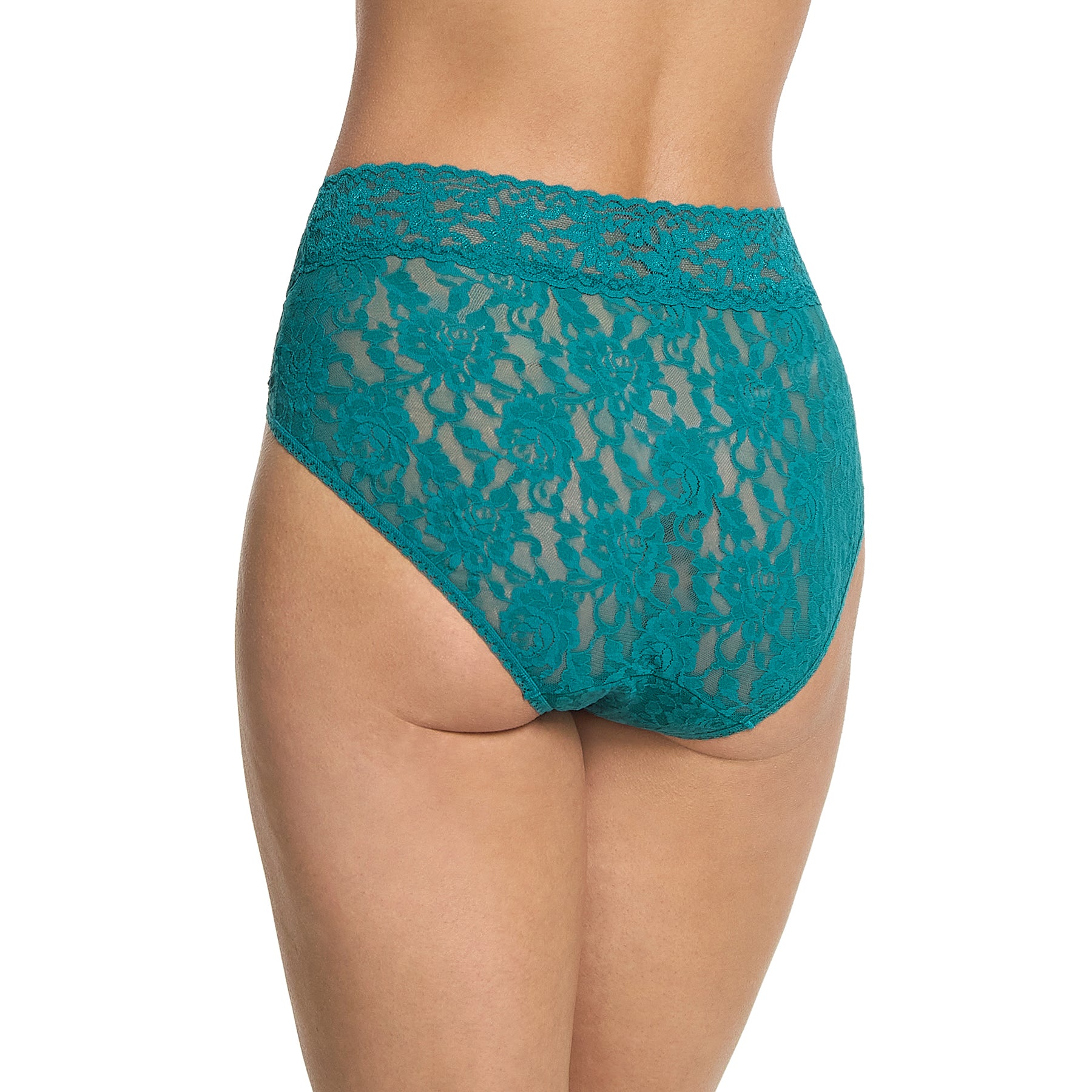 hanky panky lace high waist french cut full brief in dark green northern lights on model rear view