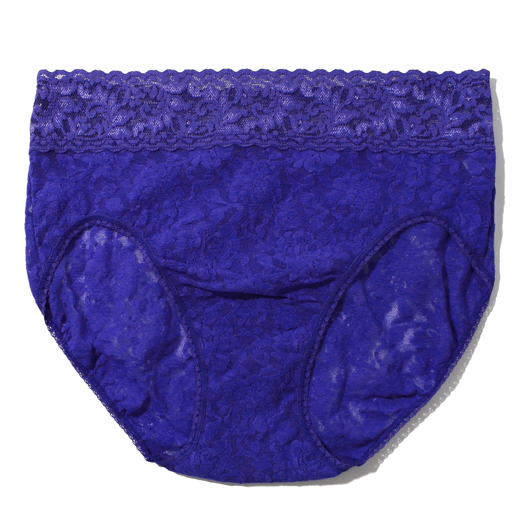 Lace high waist french cut full brief in dark purple violets are blue, flat lay without model.