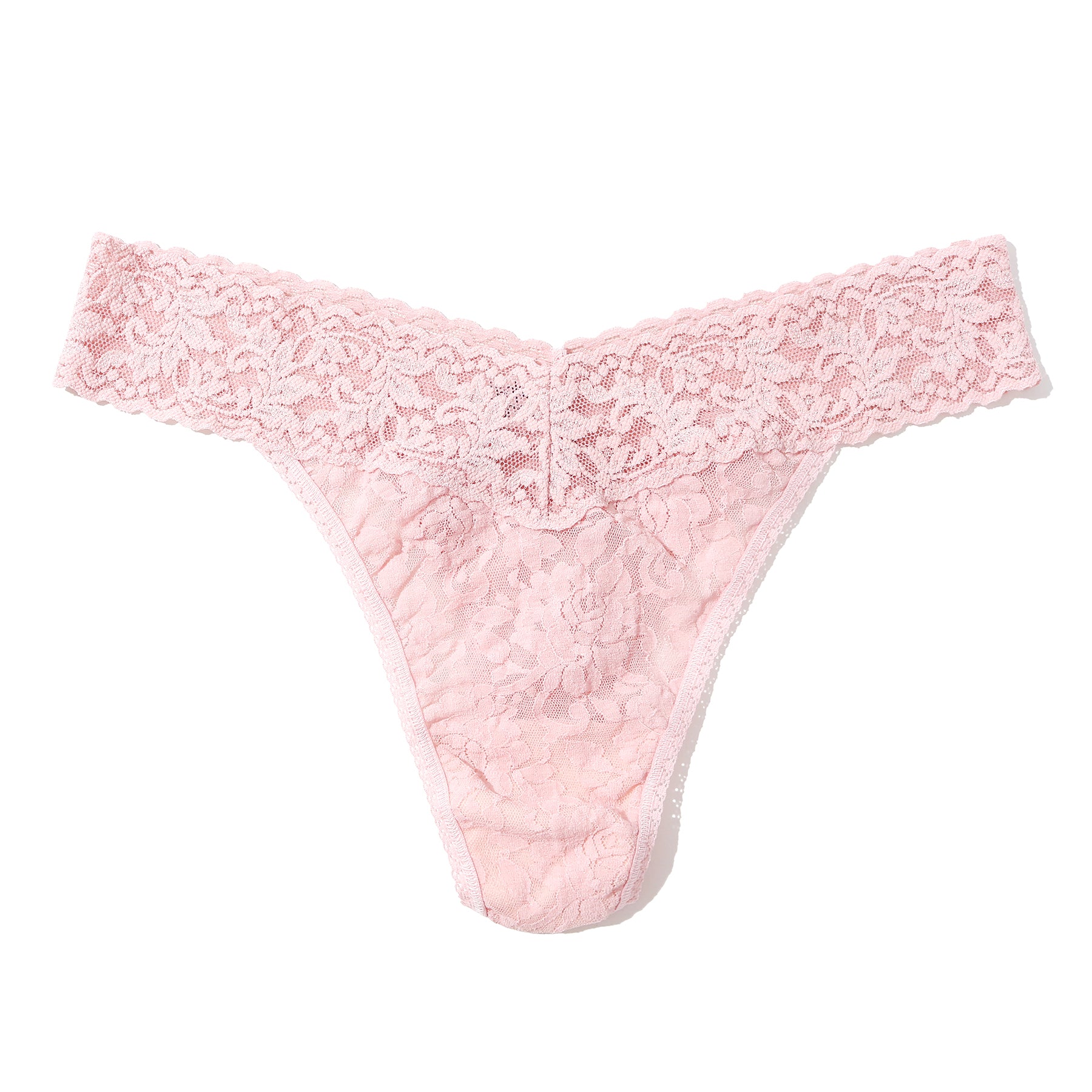 Hanky Panky Lace Original Rise Thong in Blushing Rose – flat lay of classic pink floral lace thong with wide V-shaped waistband.