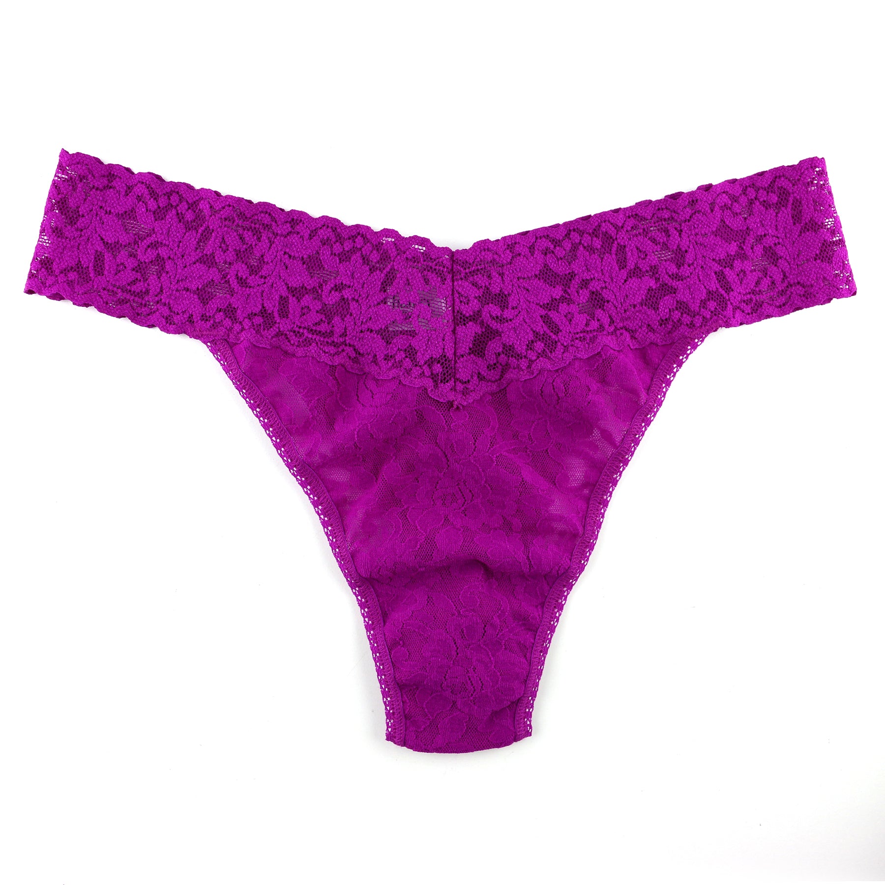 Countess pink magenta colour regular rise lace thong. Front view without model.