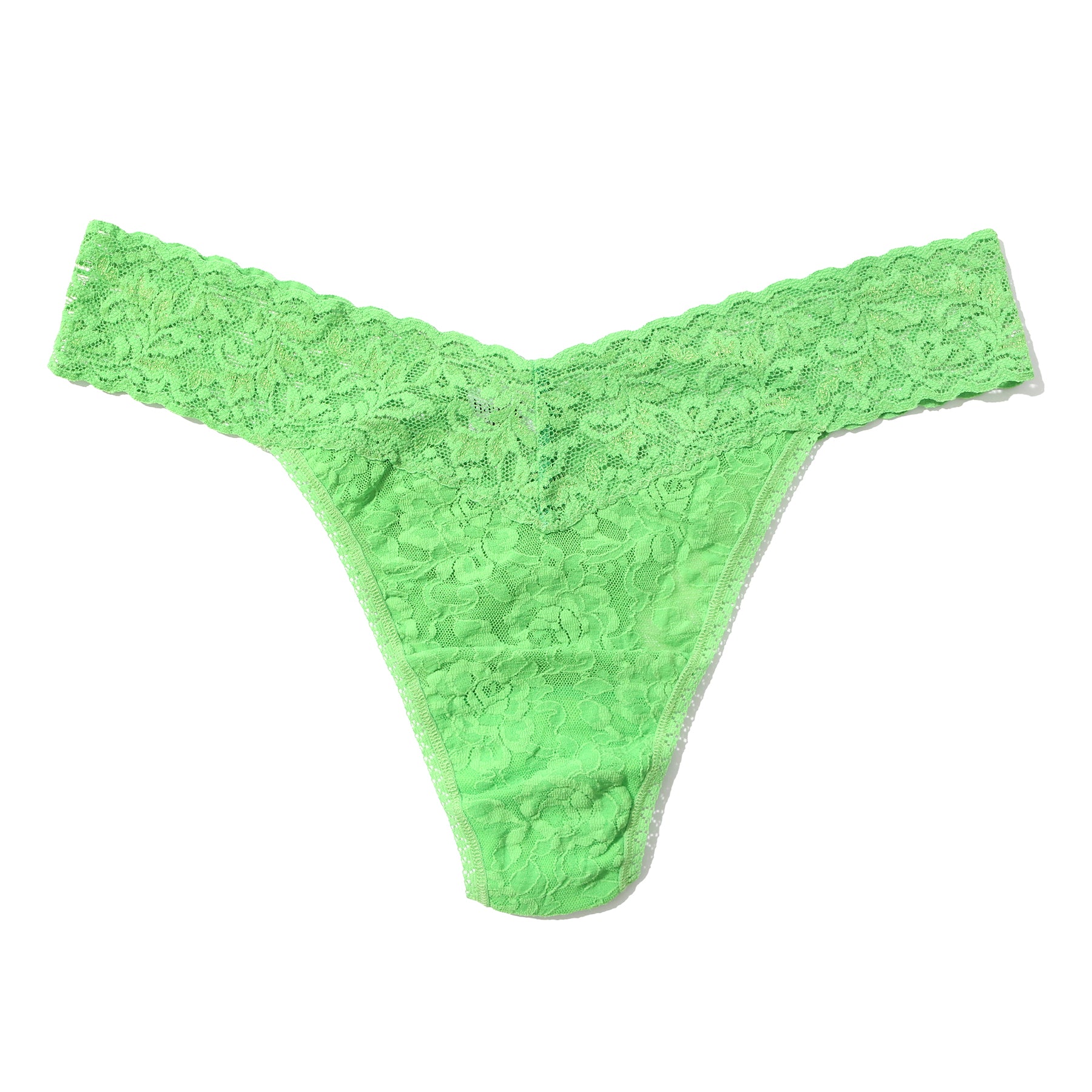 Hanky Panky Original Rise Thong in Lucky Me - green stretch lace thong laid flat to show back coverage and floral pattern