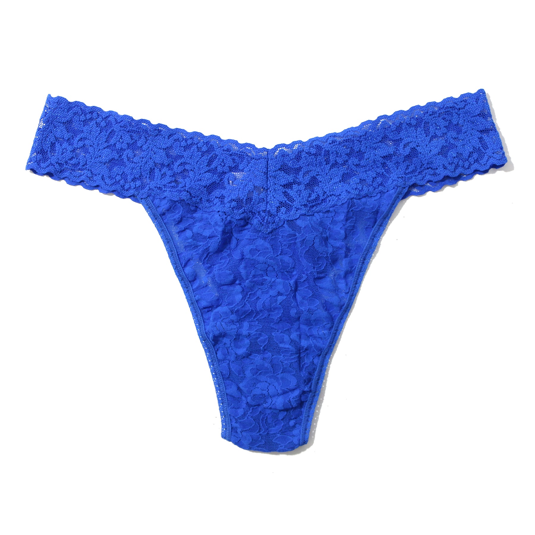 Flat lay view of Hanky Panky Lace Original Rise Thong in Sapphire blue