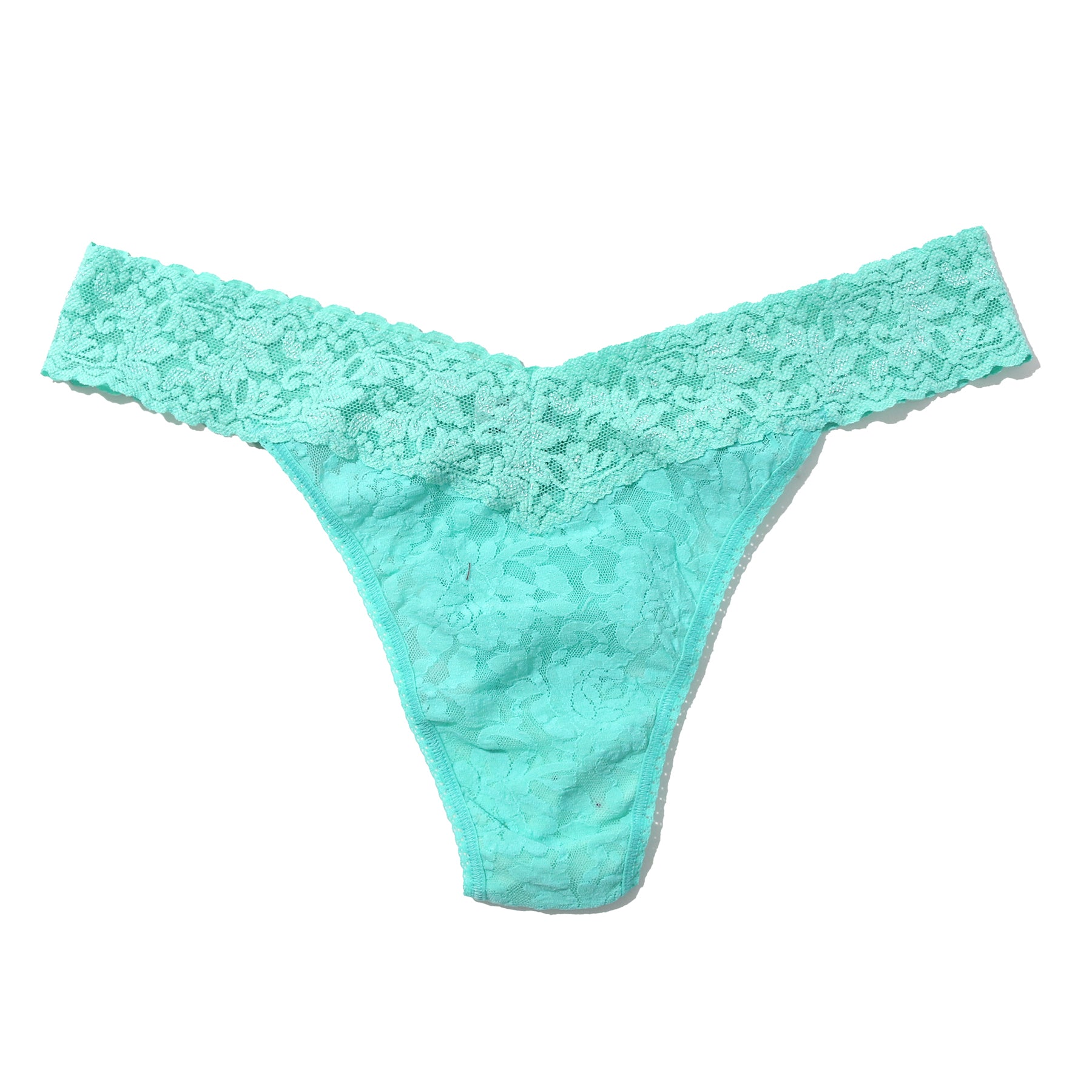 Lace original rise thong in sea you later aqua blue turquoise, flat lay without model.