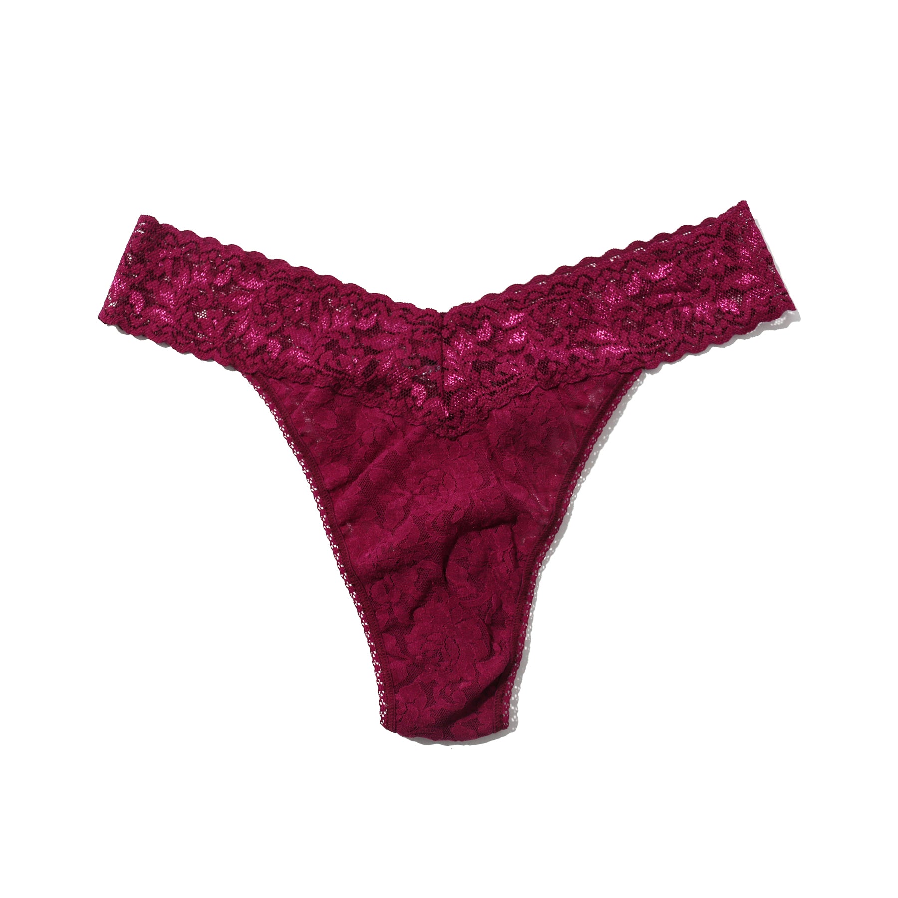 hanky panky lace original rise thong in burgundy sugar plum flat lay