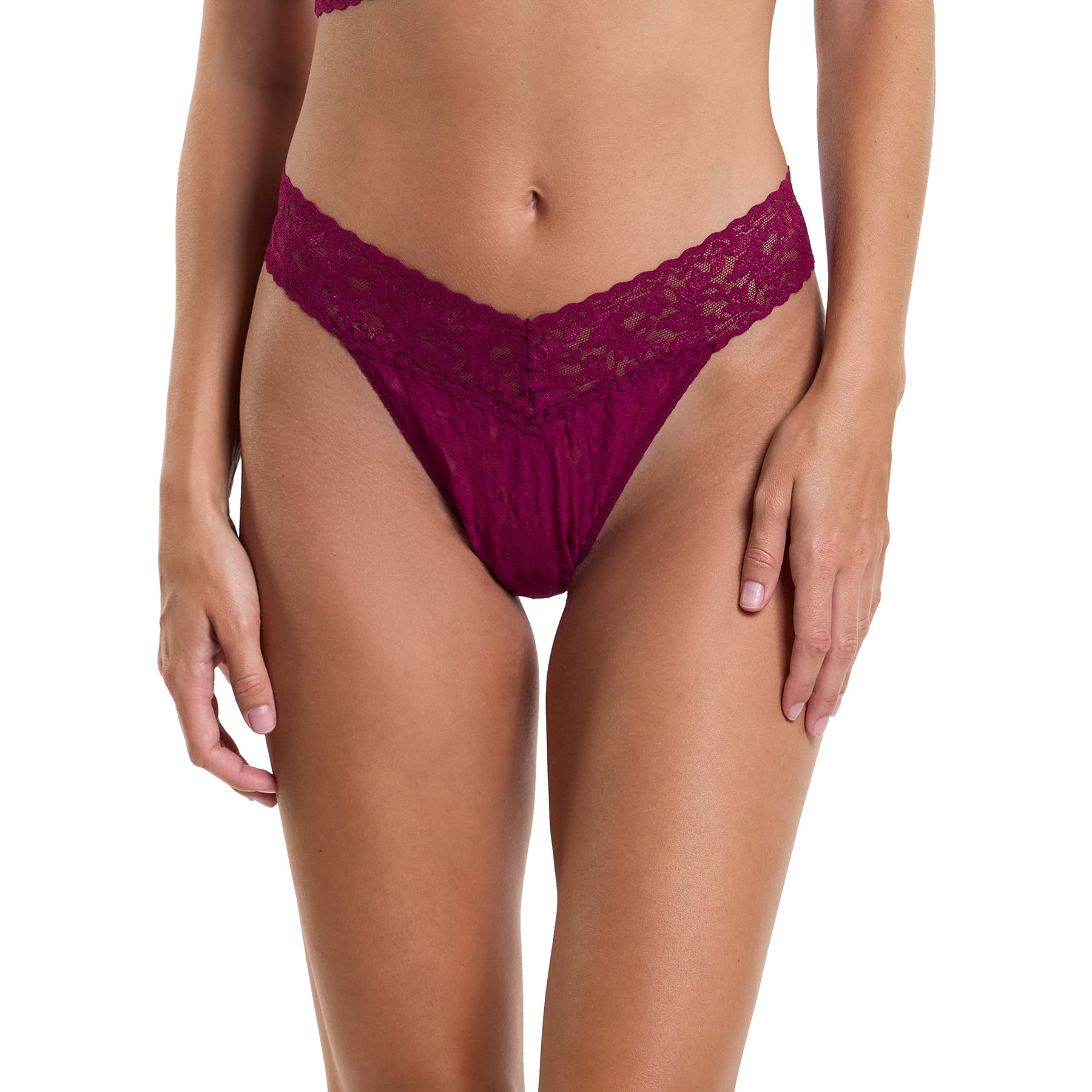 hanky panky lace original rise thong in burgundy sugar plum on model front view