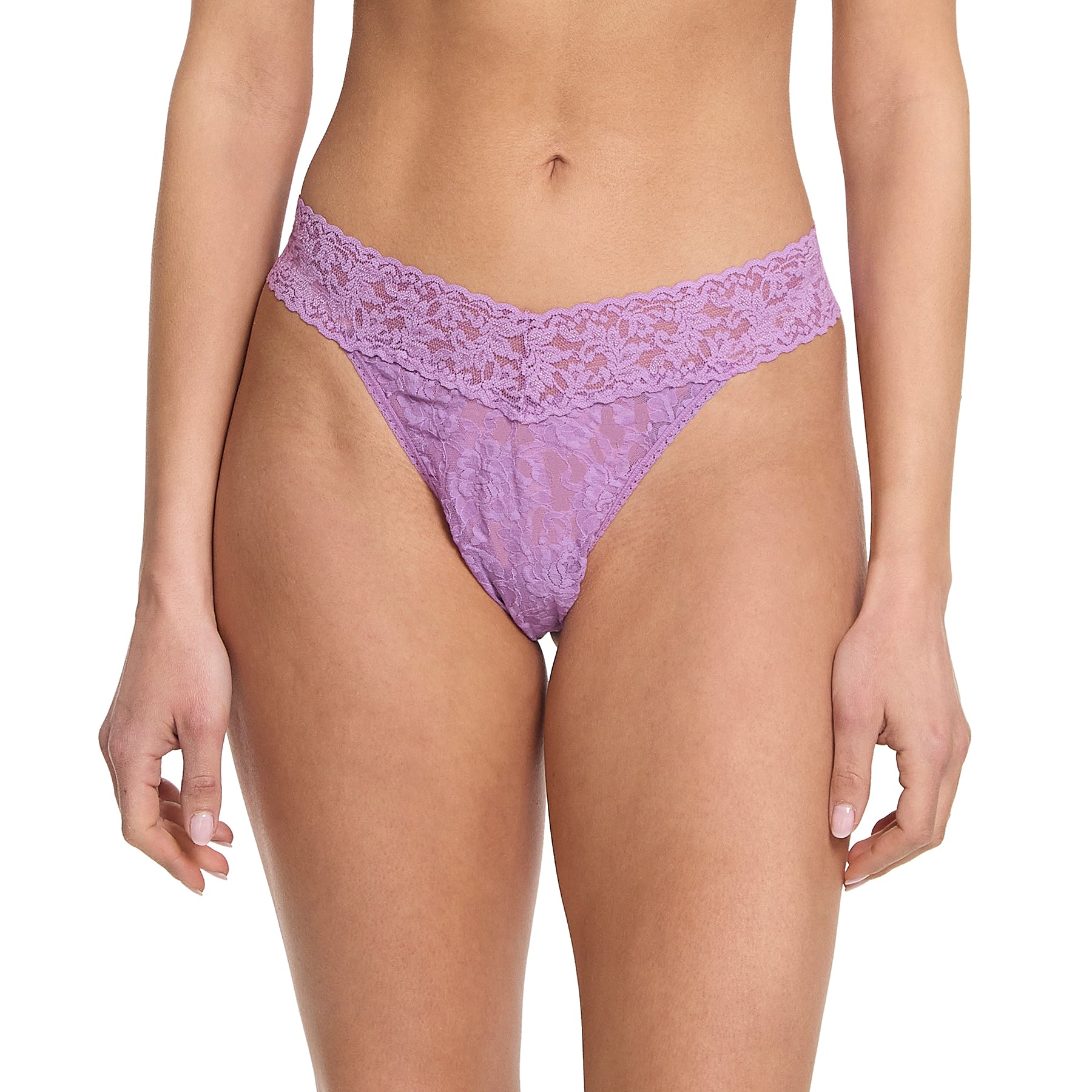 hanky panky lace original rise thong in light purple venus on model front view