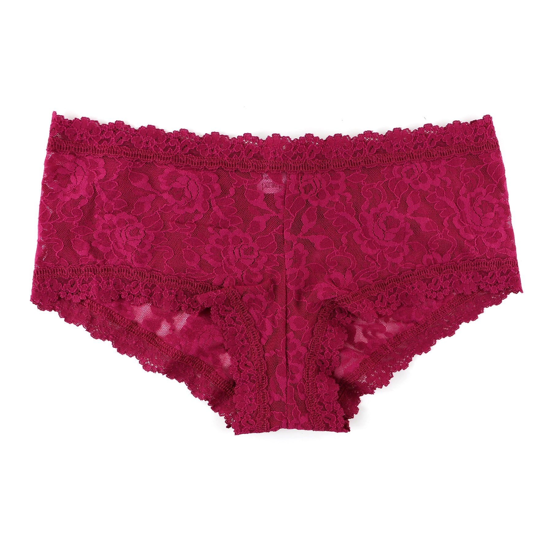 Hanky Panky 4812 lace boyshort in dark pomegranate red DPOR. Flat lay without model.