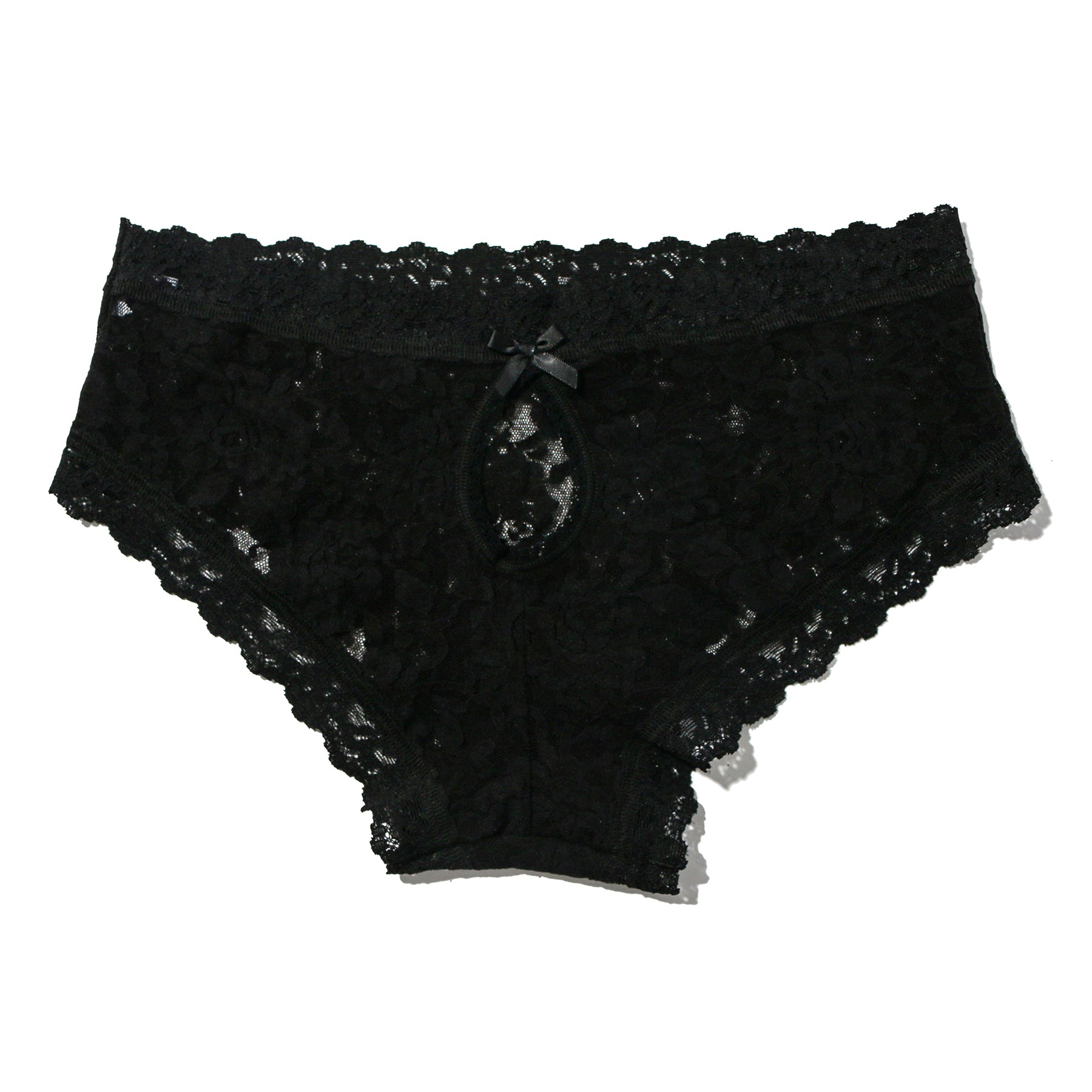 Signature Stretch Lace Cheeky Panty with heyhole back in black. Rear view without model.