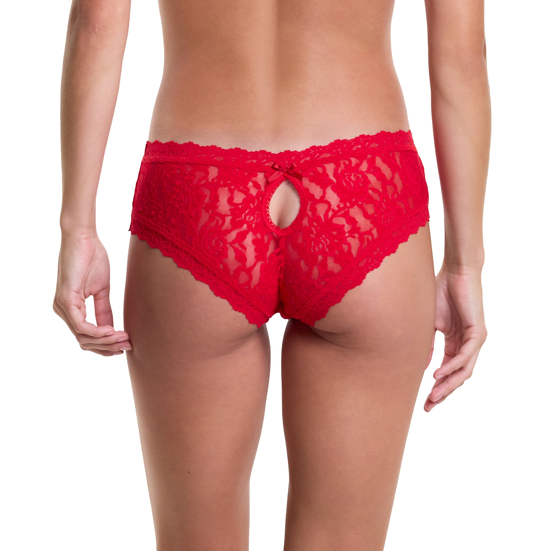 Signature Stretch Lace Cheeky Panty with heyhole back in red. Rear view on model.