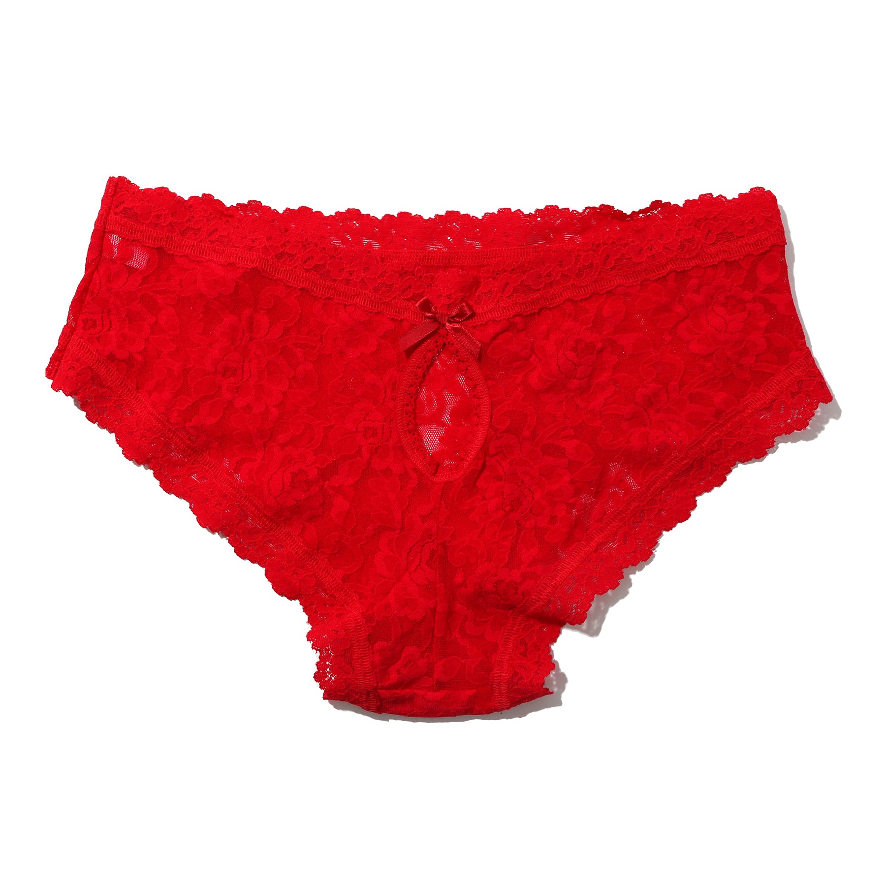 Signature Stretch Lace Cheeky Panty with heyhole back in red. Rear view without model.