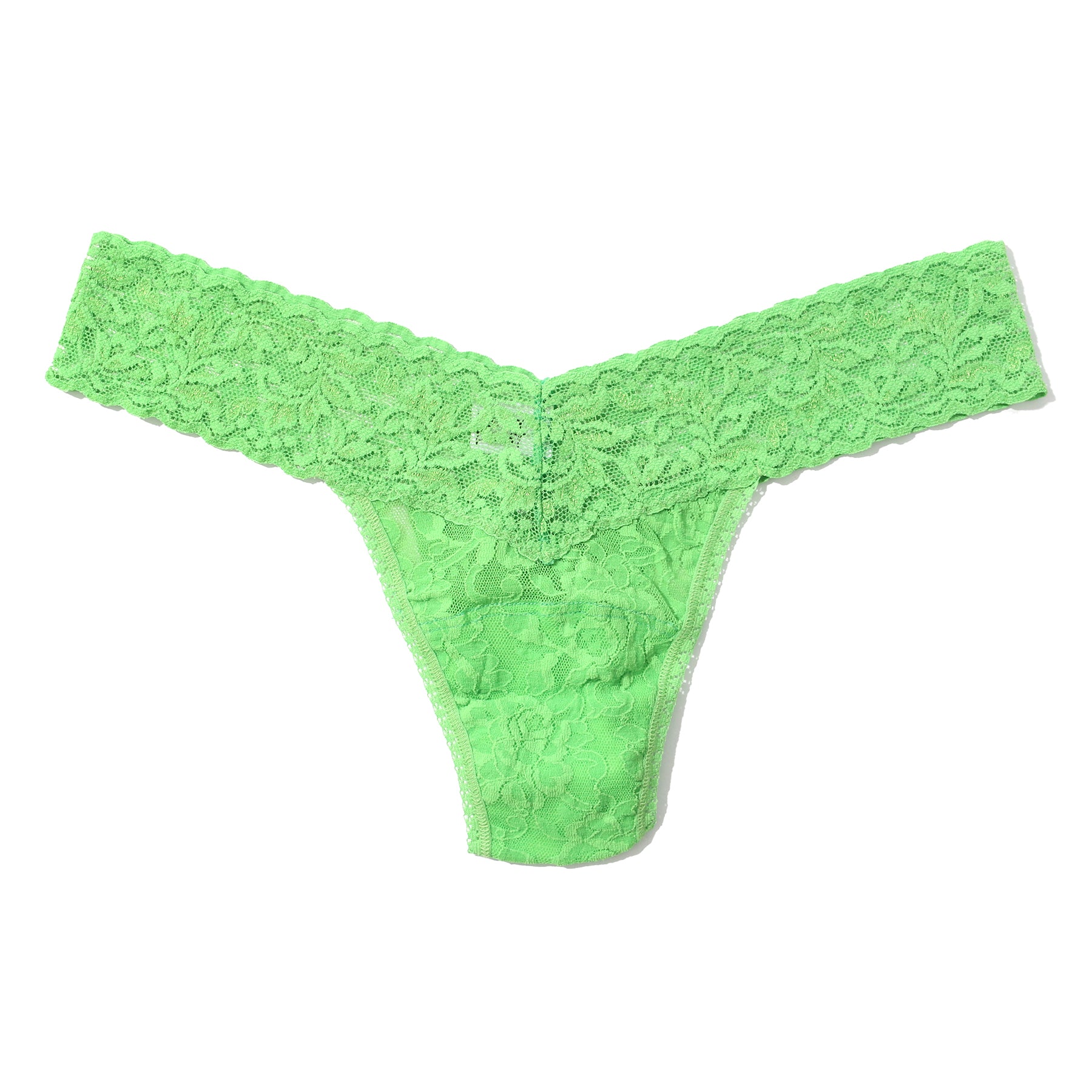 Flat lay of Hanky Panky low rise thong in Lucky Me green lace - front view
