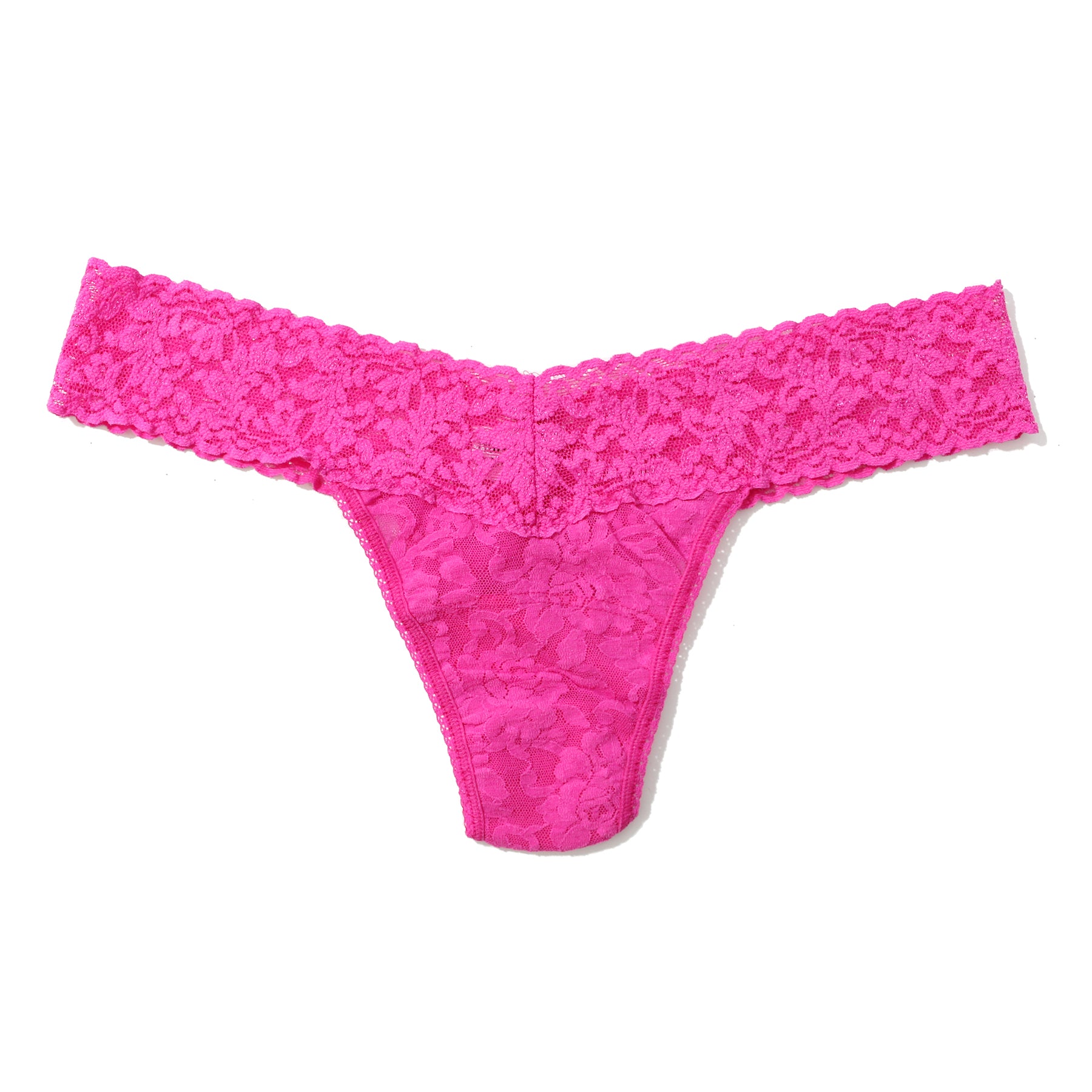Low rise lace thong in vibrant fuchsia pink marmalade - flat lay front view