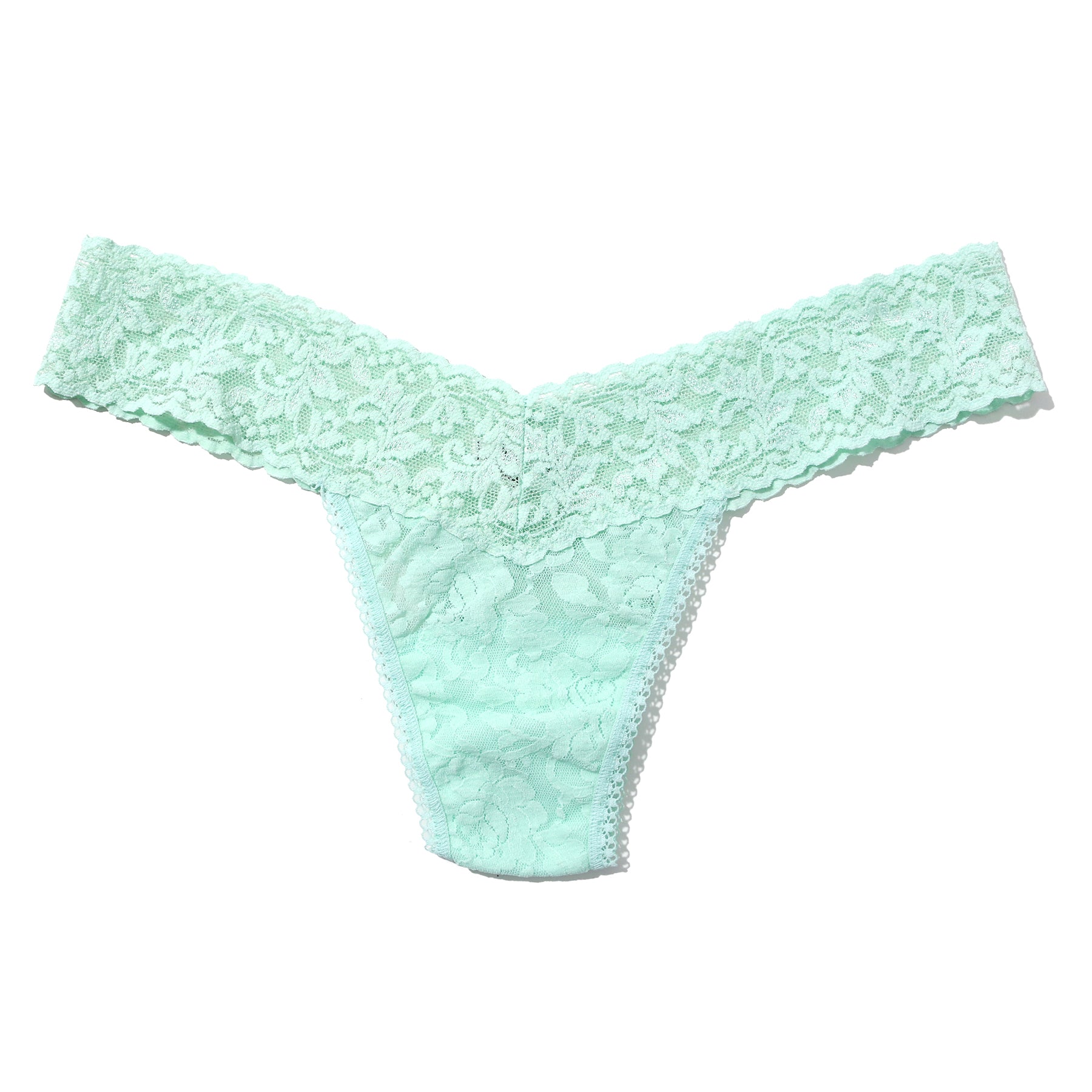 Pistachio mint green colour low rise lace thong. Front view without model.