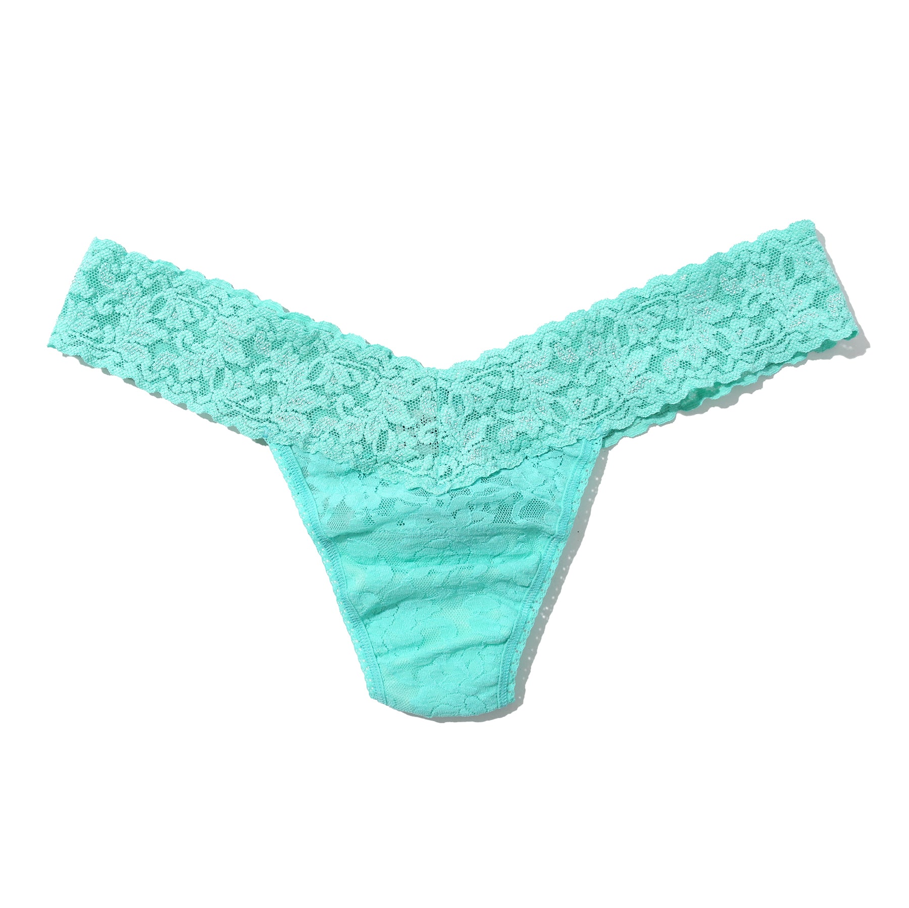 Lace low rise thong in sea you later aqua blue turquoise, flat lay without model.