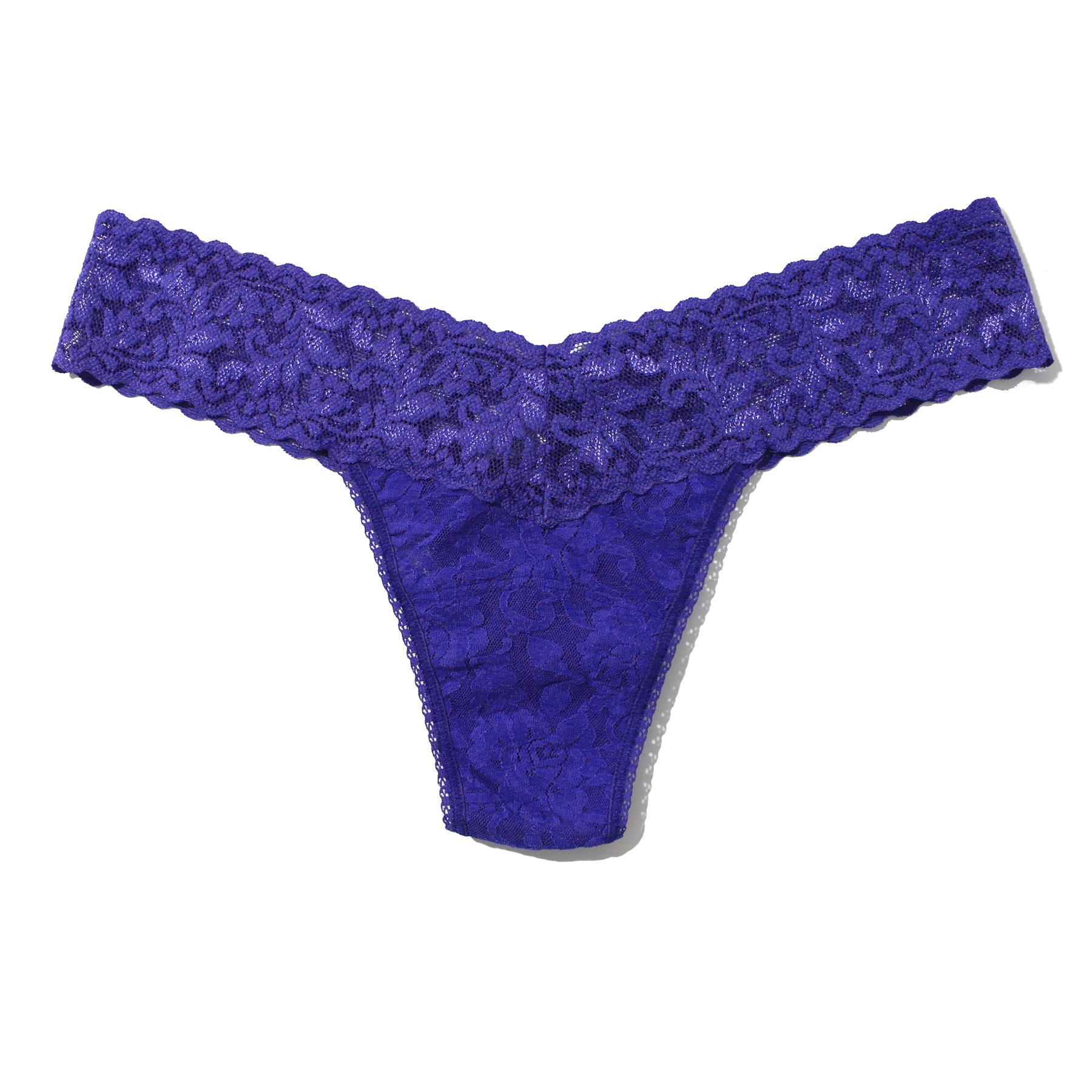 Lace low rise thong in dark purple violets are blue. Flat lay, without model.