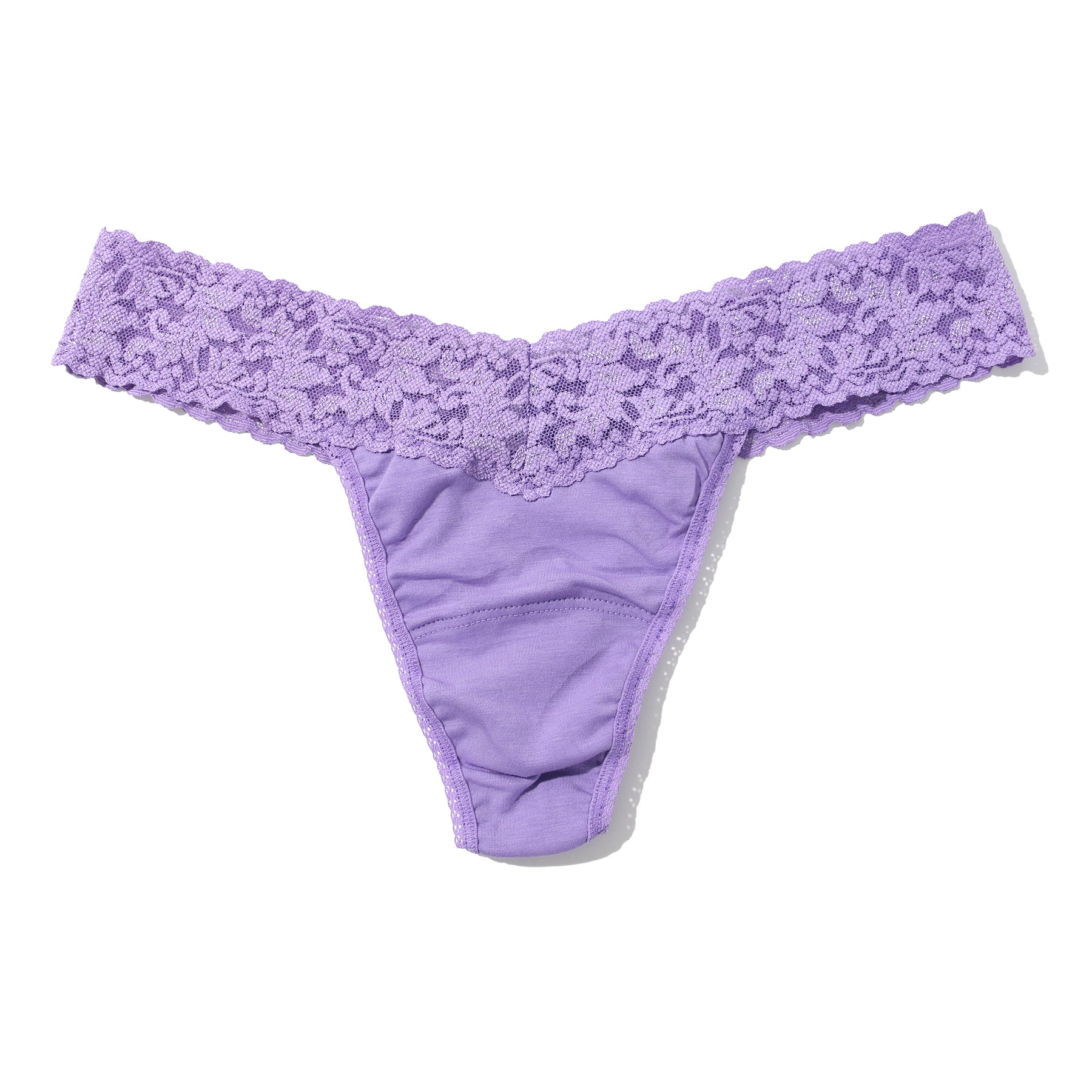 Hanky Panky supima cotton low rise thong with lace band in grape juice light purple, flat lay without model.