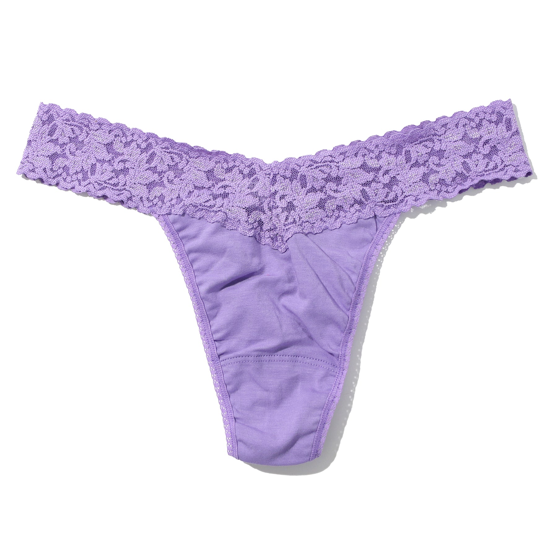 Hanky Panky supima cotton original rise thong with lace band in grape juice light purple, flat lay without model.