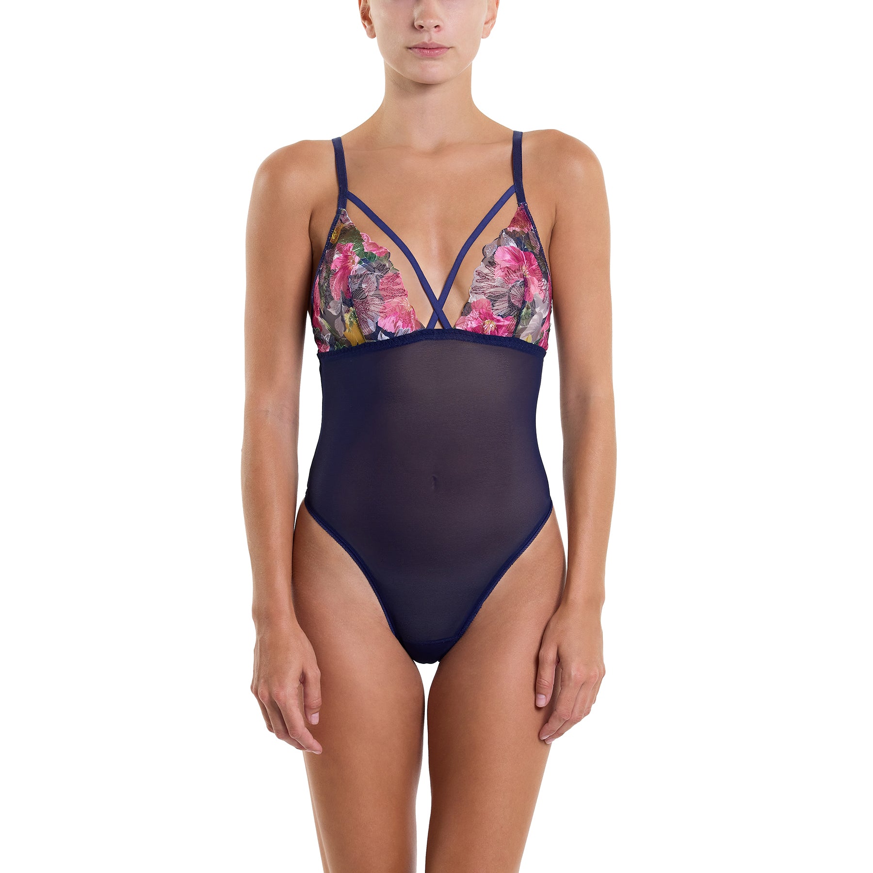 Sheer navy mesh wireless strappy bodysuit with multicoloured embroidery on the bust in dark sky. Front view on model.