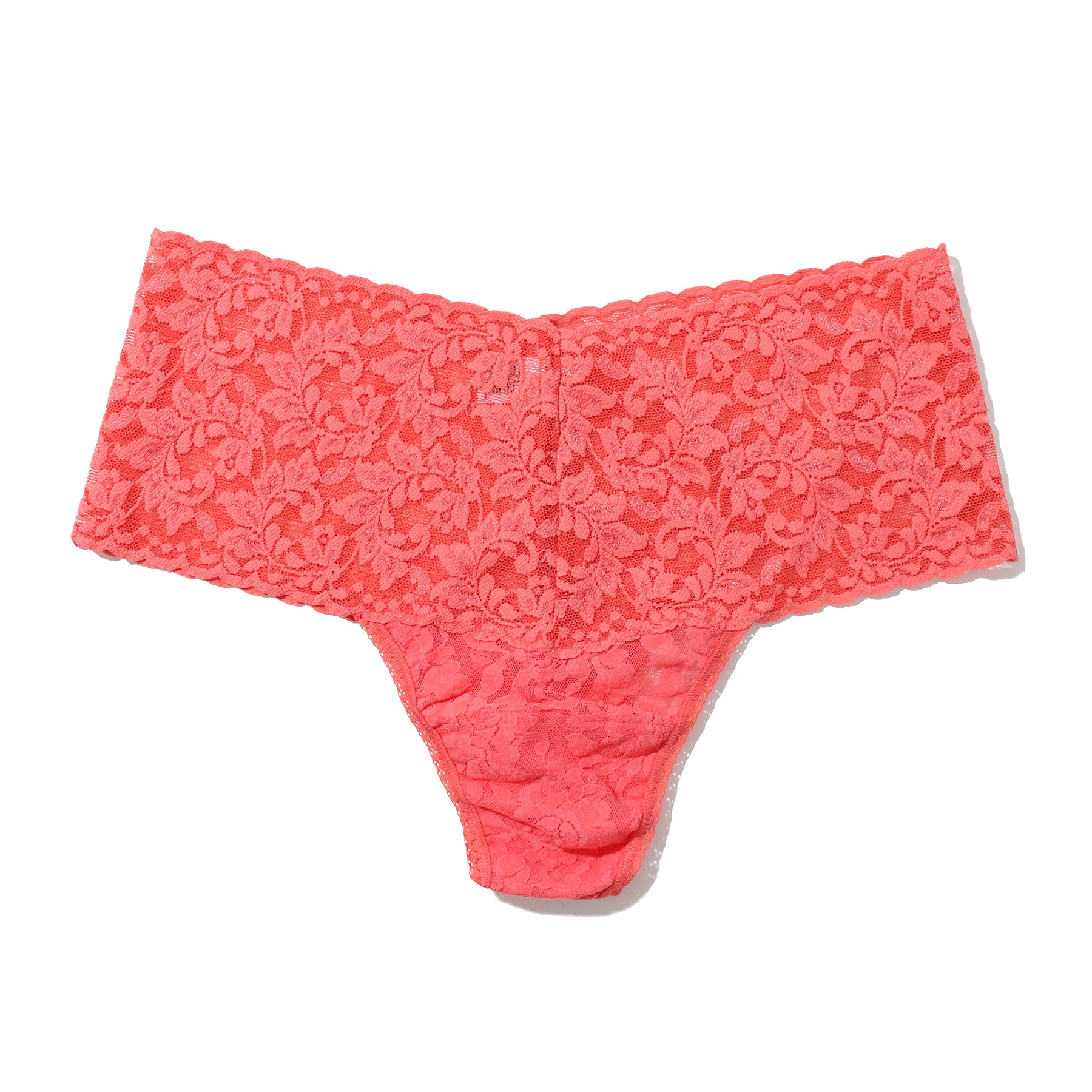 Hanky panky lace retro rise thong in courageous coral orange pink, flat lay without model.