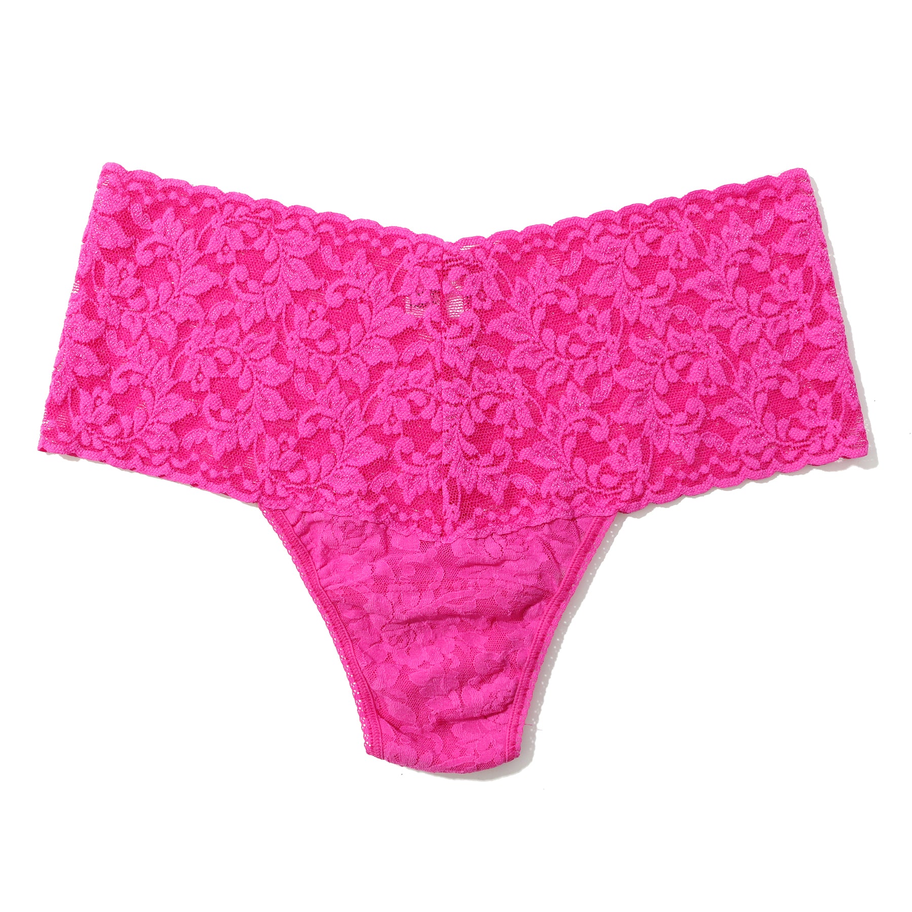 Bright pink lace thong underwear with a wide floral lace waistband and a textured fabric leg, shown flat on a white background. Hanky panky 9K1926 in hot pink MARP marmalade.