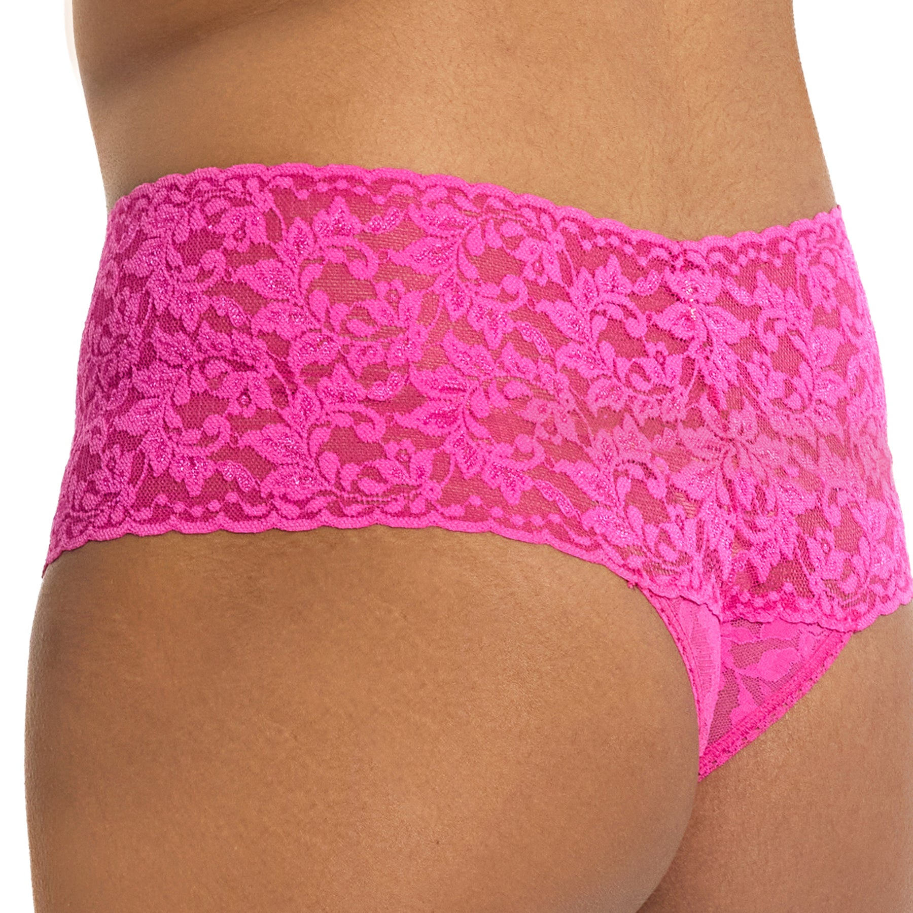 Bright pink lace high-waisted briefs shown on a model, highlighting the intricate floral lace pattern and scalloped edges. Hanky panky 9K1926 in hot pink MARP marmalade.