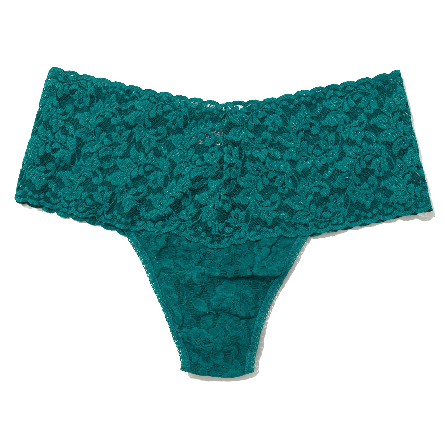 Flat lay of Hanky Panky 4812 lace boyshort in herb garden green – allover lace pattern