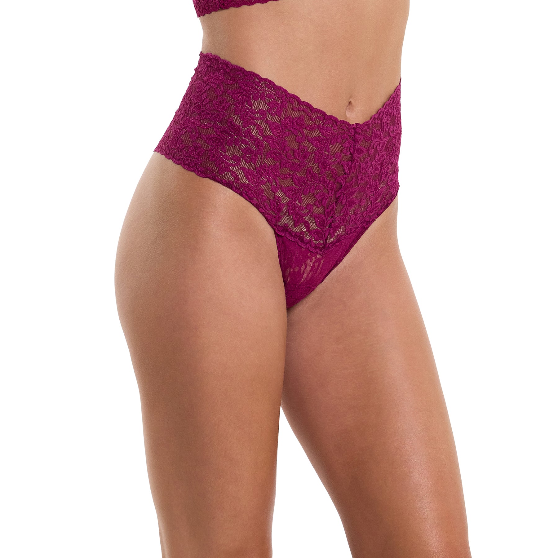 hanky panky lace retro rise thong in burgundy sugar plum on model side profile