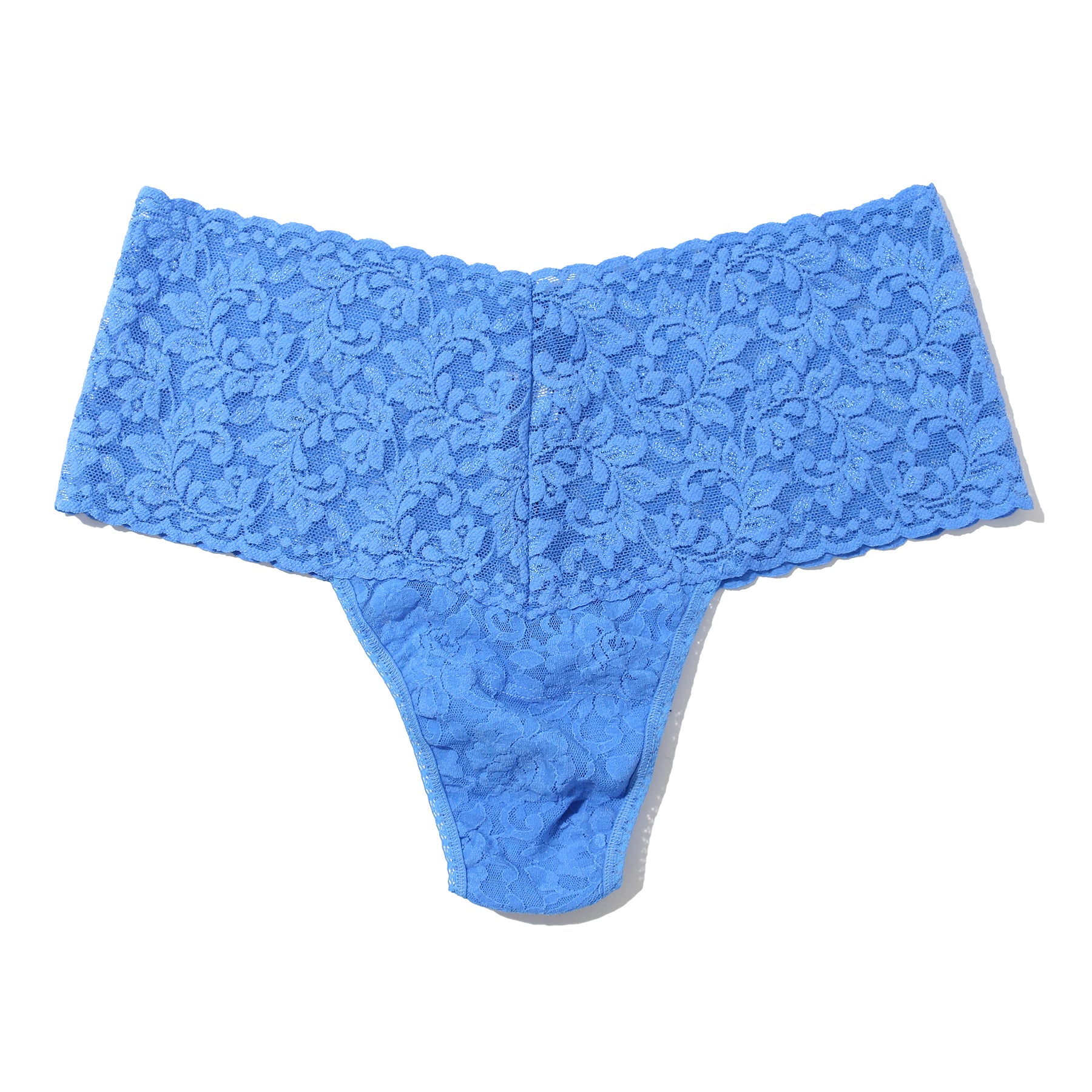 Hanky panky lace retro rise thong in take the plunge blue, flat lay without model.