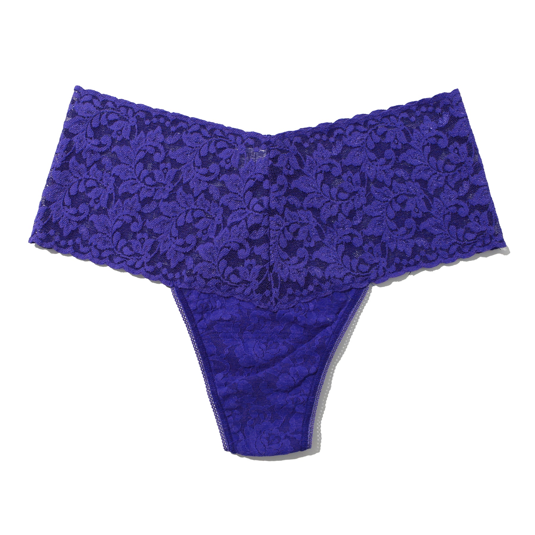 hanky panky lace retro rise thong in violets are blue flat lay without model.