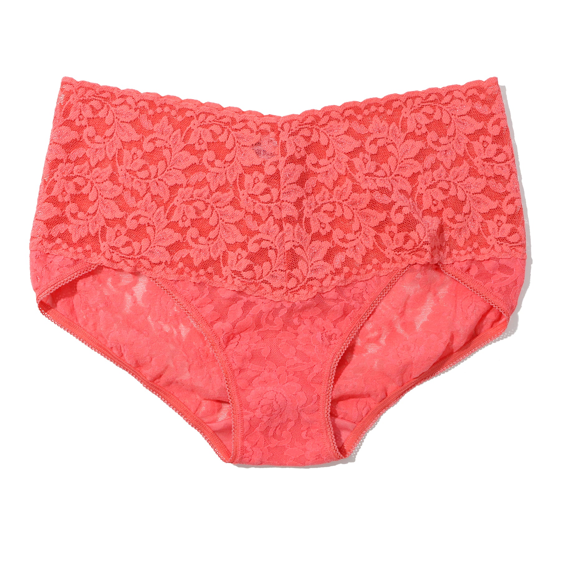 Hanky panky lace high waist brief v-kini waist in courageous coral orange pink, flat lay without model.