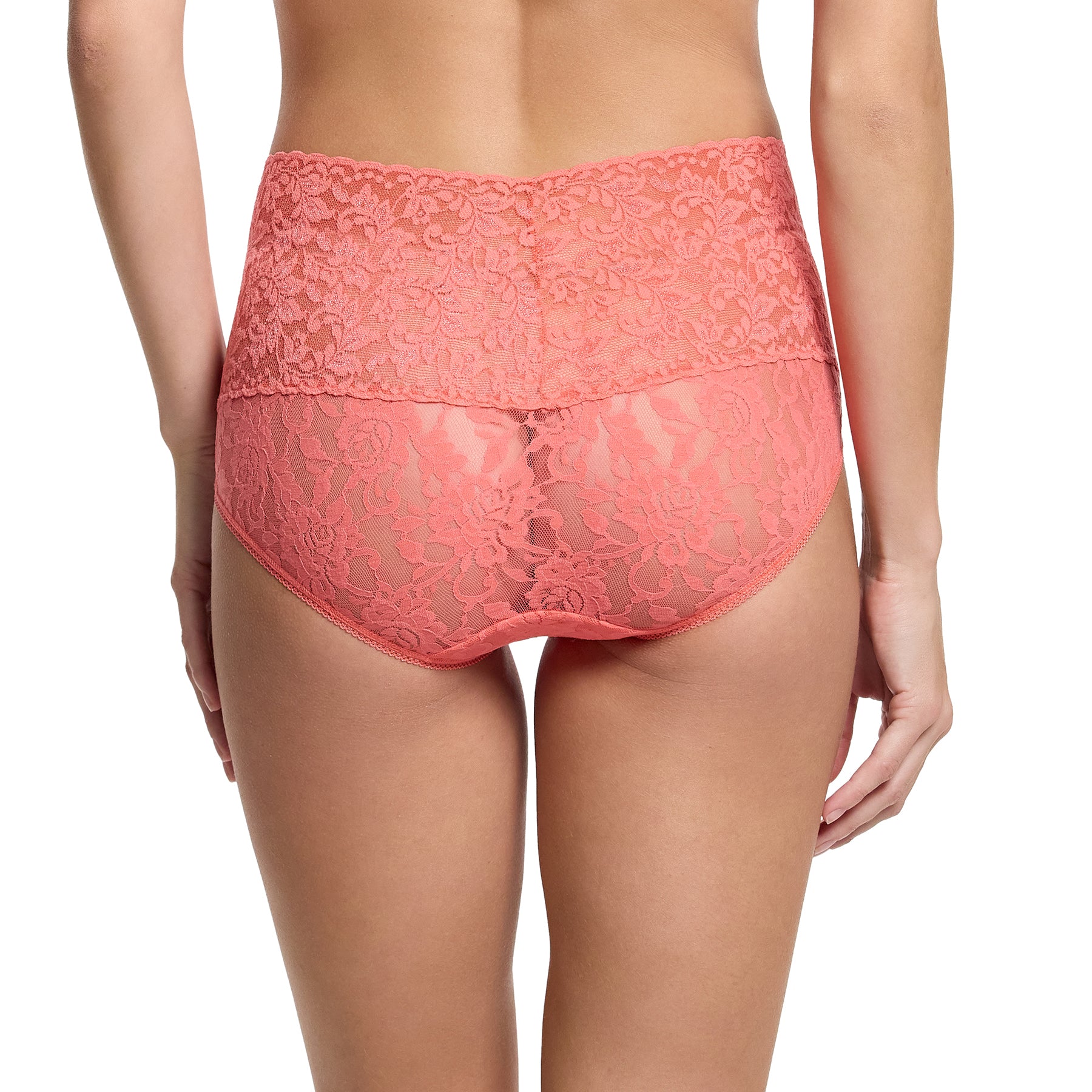 Hanky panky lace high waist brief v-kini waist in courageous coral orange pink, rear view on model.