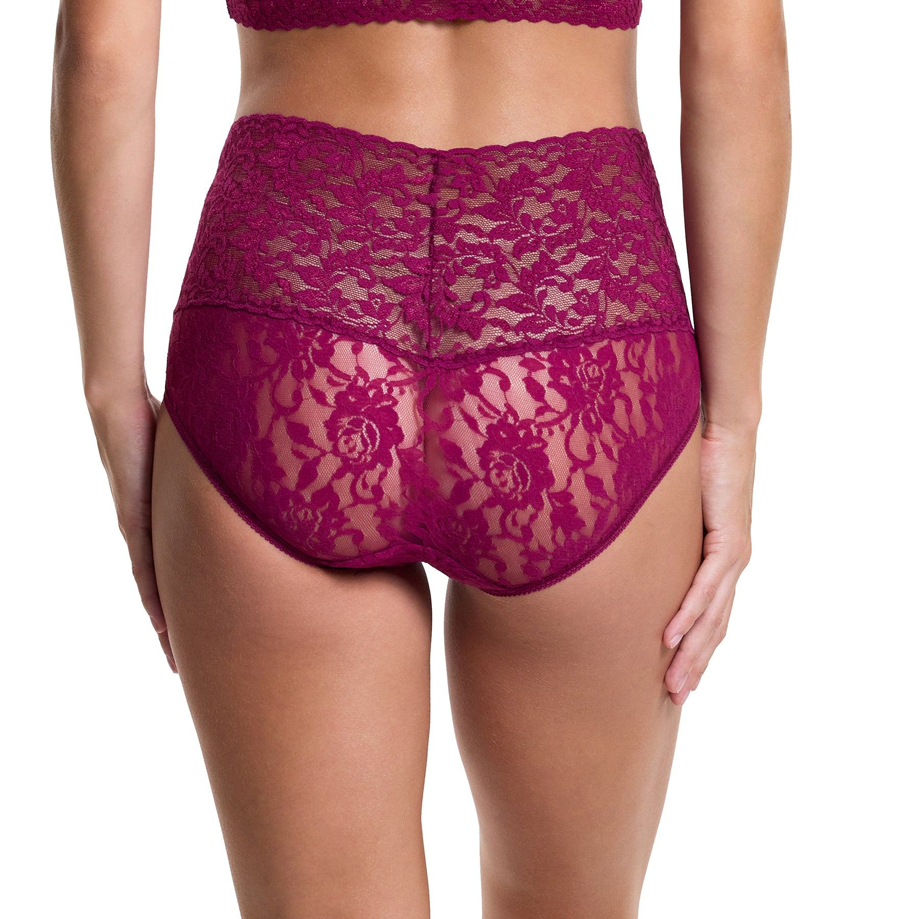 hanky panky lace high waist brief v-kini waist in burgundy sugar plum on model rear view