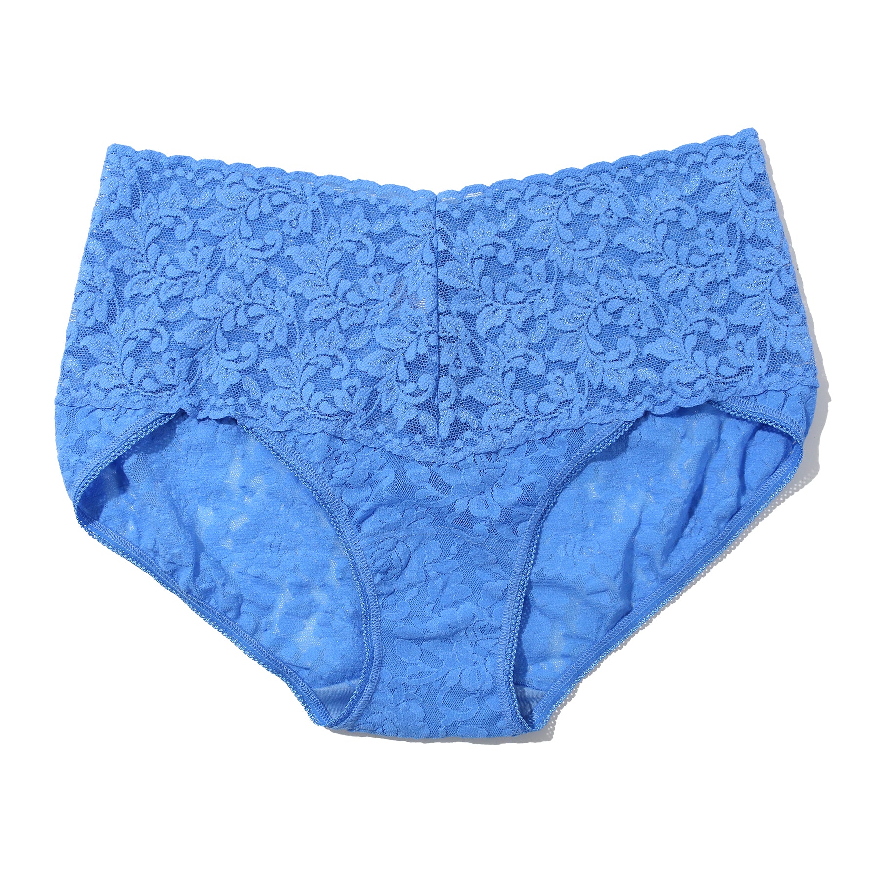 Hanky panky lace high waist brief v-kini waist in take the plunge blue, flat lay without model.