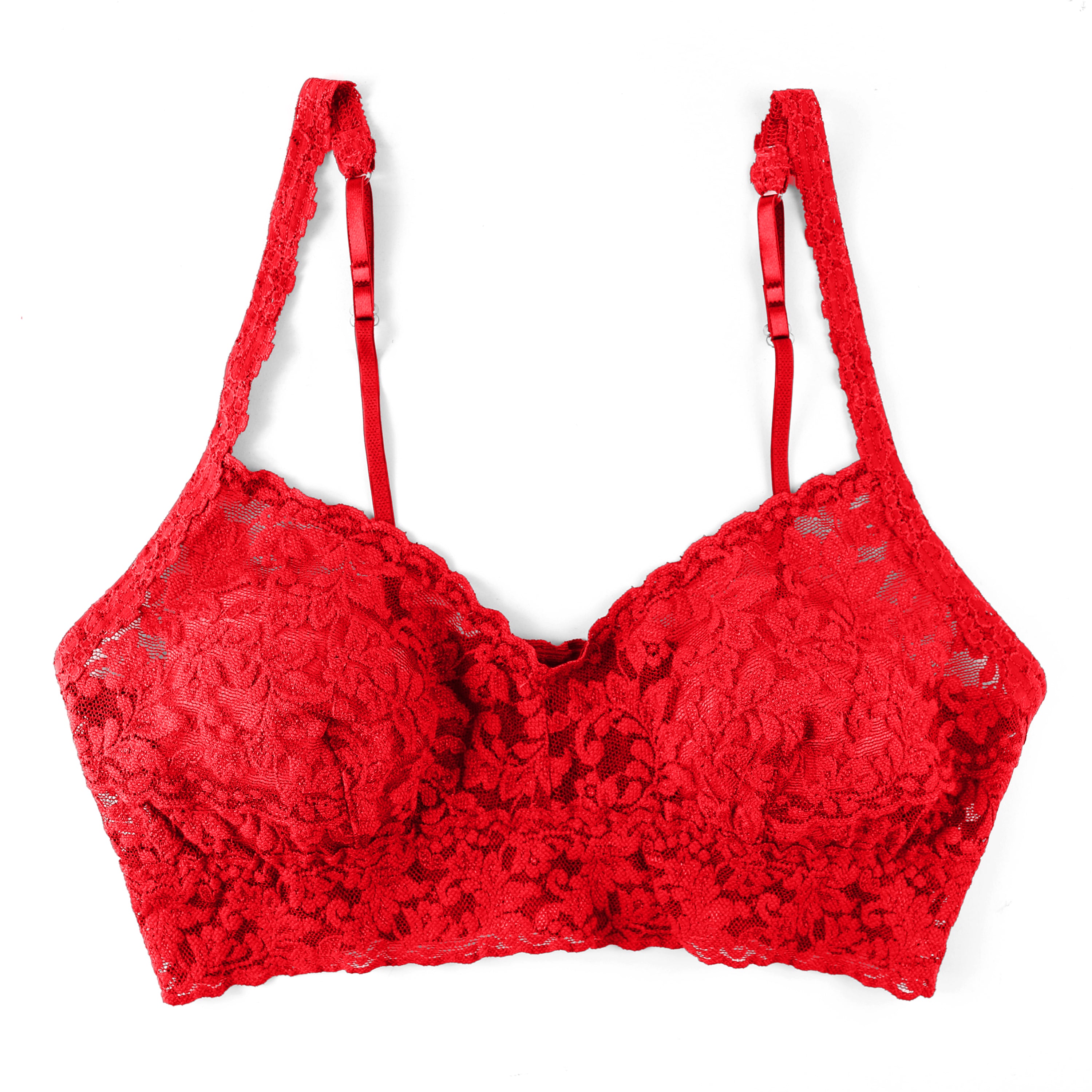 Red signature lace unlined wireless bralette with adjustable straps. Front view without model.