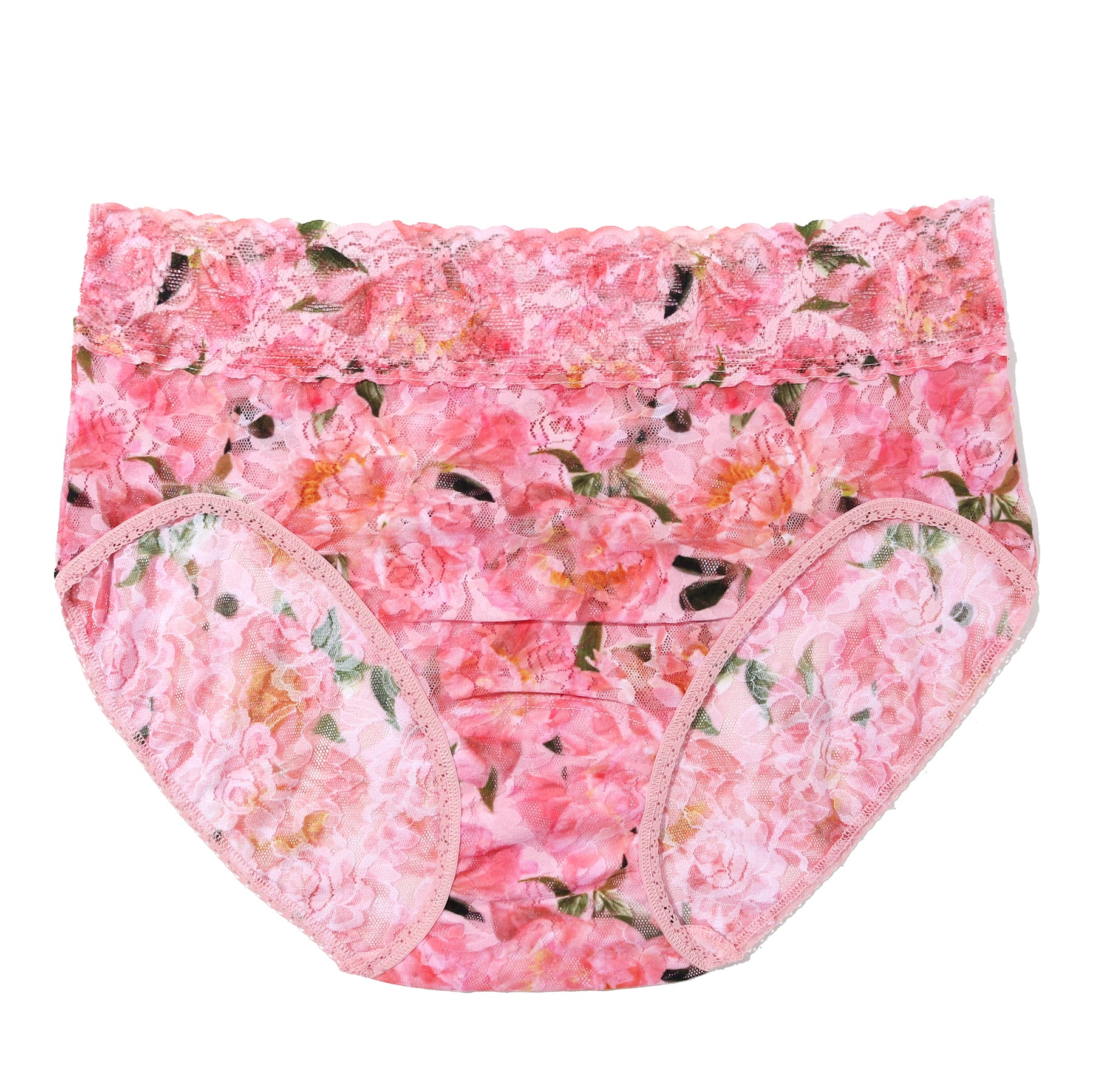 Pink floral lace French brief with high-rise fit and soft scalloped waistband in the Dancing Petals print on a white background