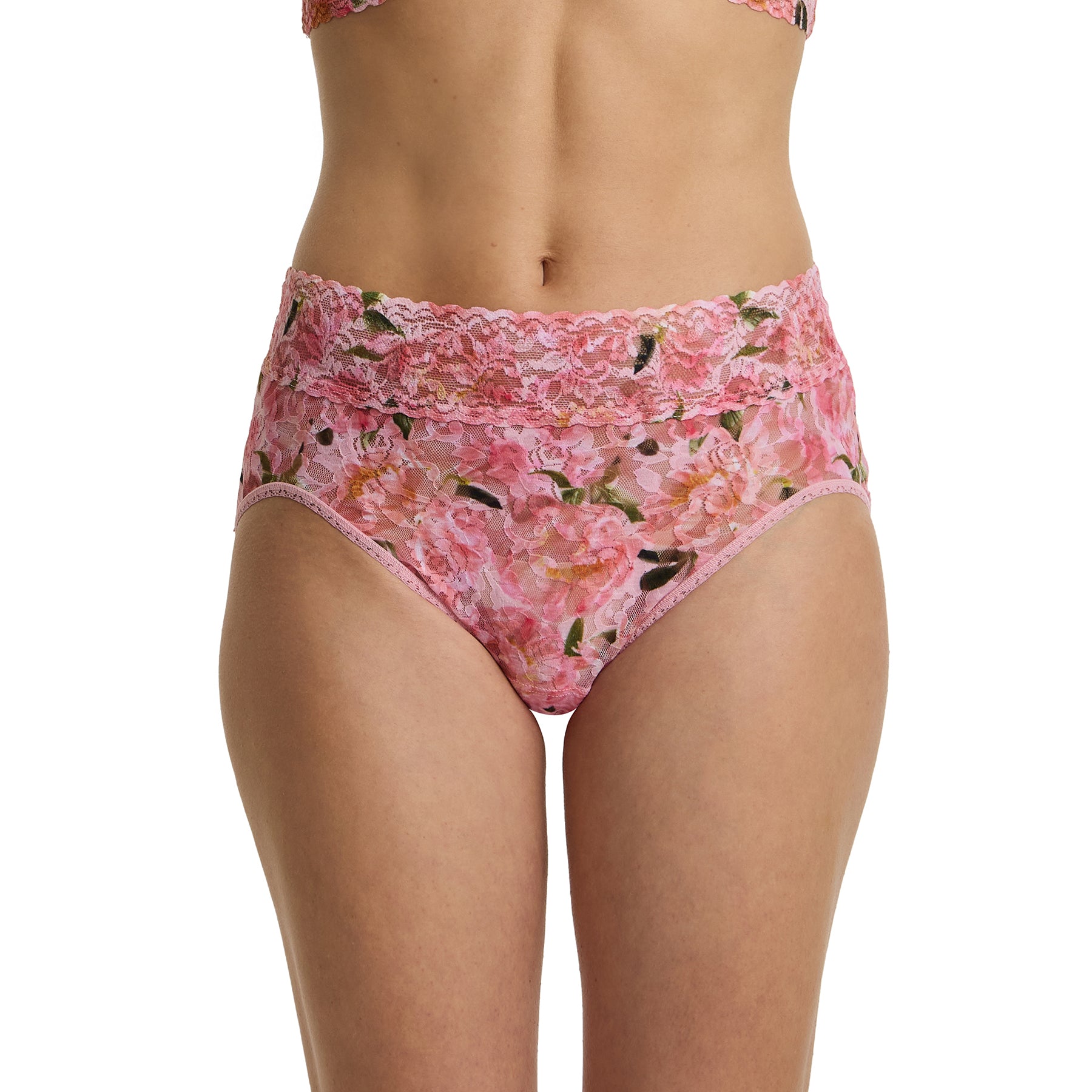 Model wearing pink floral lace French brief in the Dancing Petals print with high-rise silhouette and scalloped lace waistband front view