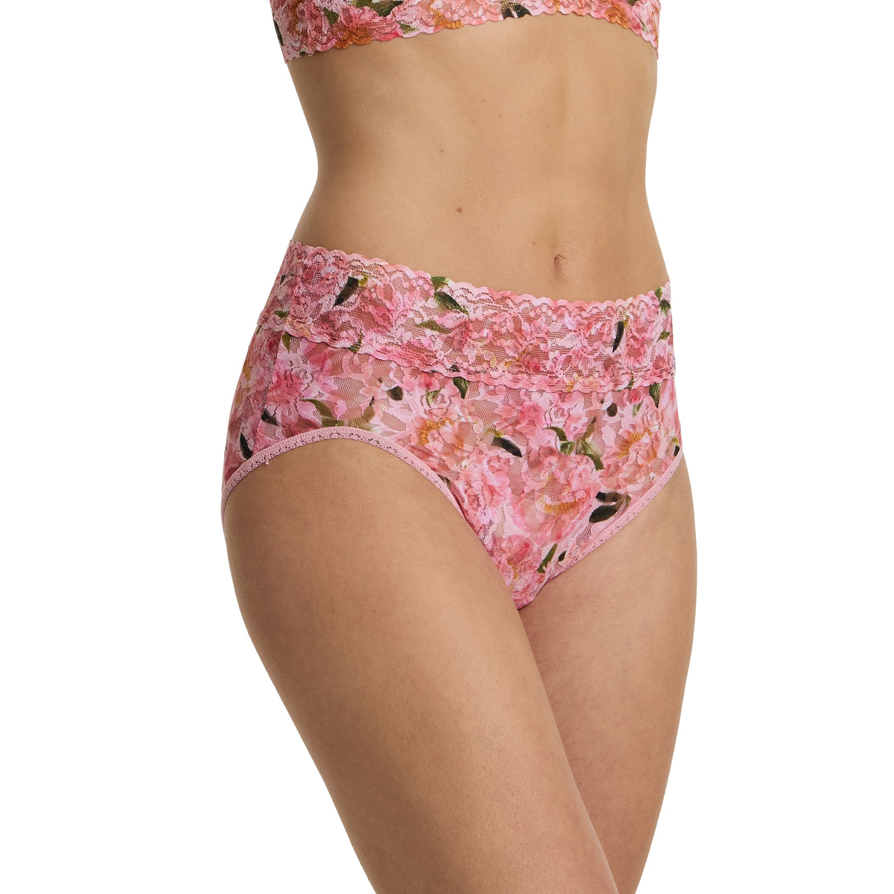 Side view of model wearing pink floral lace French brief in the Dancing Petals print with soft stretch lace and high-rise fit