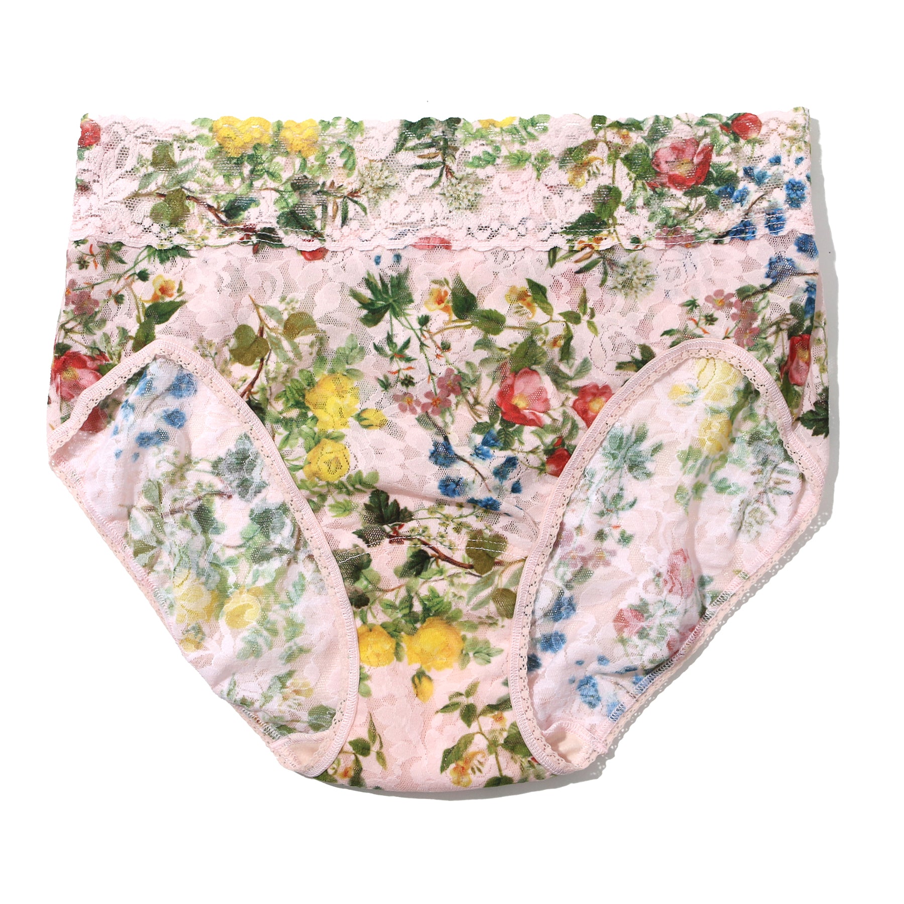 Hanky Panky printed lace high waist french cut full brief in pink, green and blue florals on a light pink background, flat lay without model.