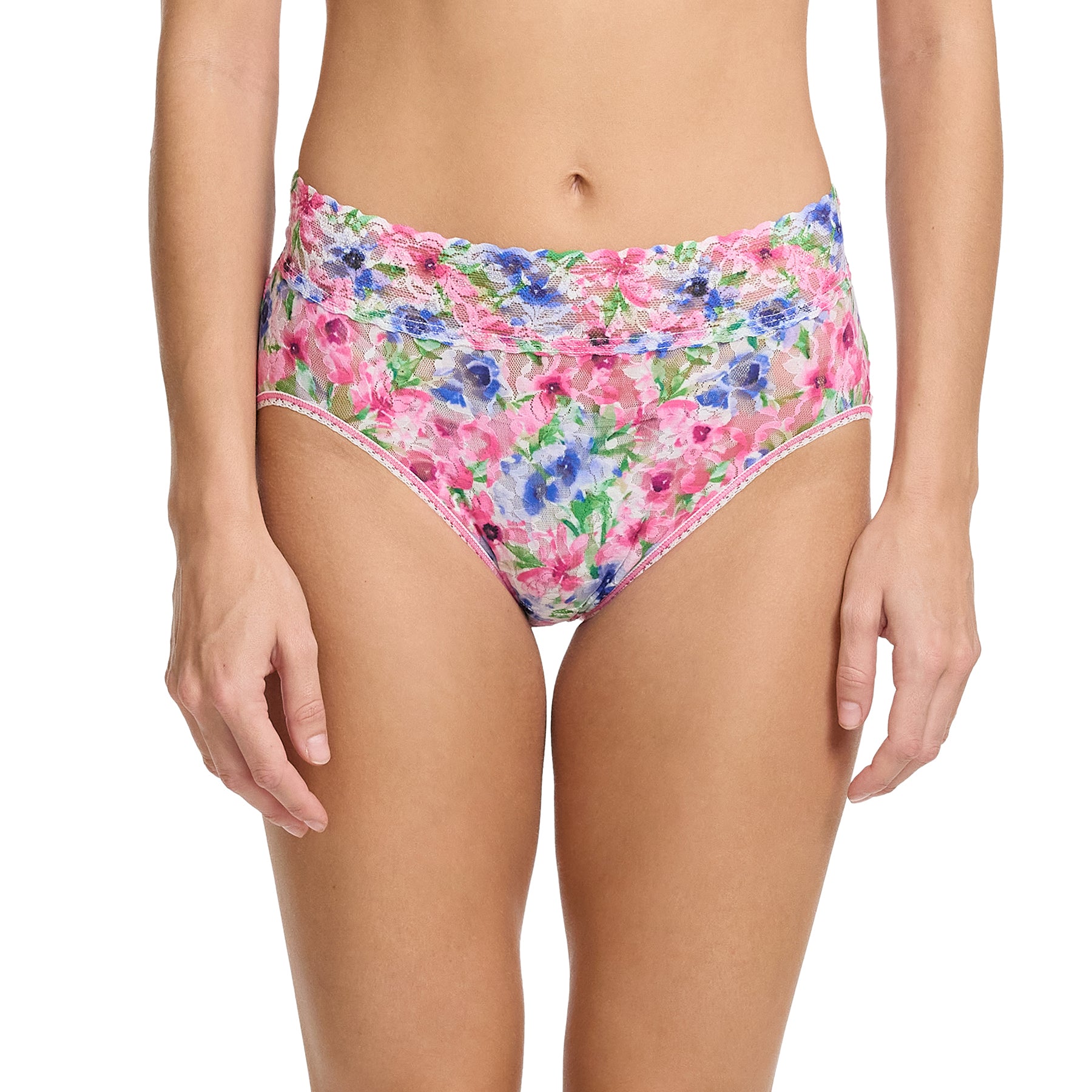 Hanky Panky printed lace high waist french cut full brief in paint and pour: pink, green and blue florals on a white background, front view on model.